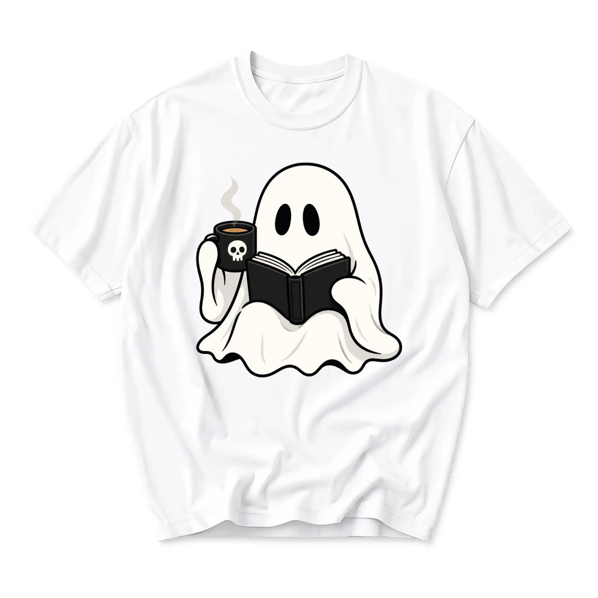 Graphic Tee Ghost Reading Book with Coffee Cup Casual Unisex Crew Neck Short Sleeve Soft Cotton Apparel White Shirt