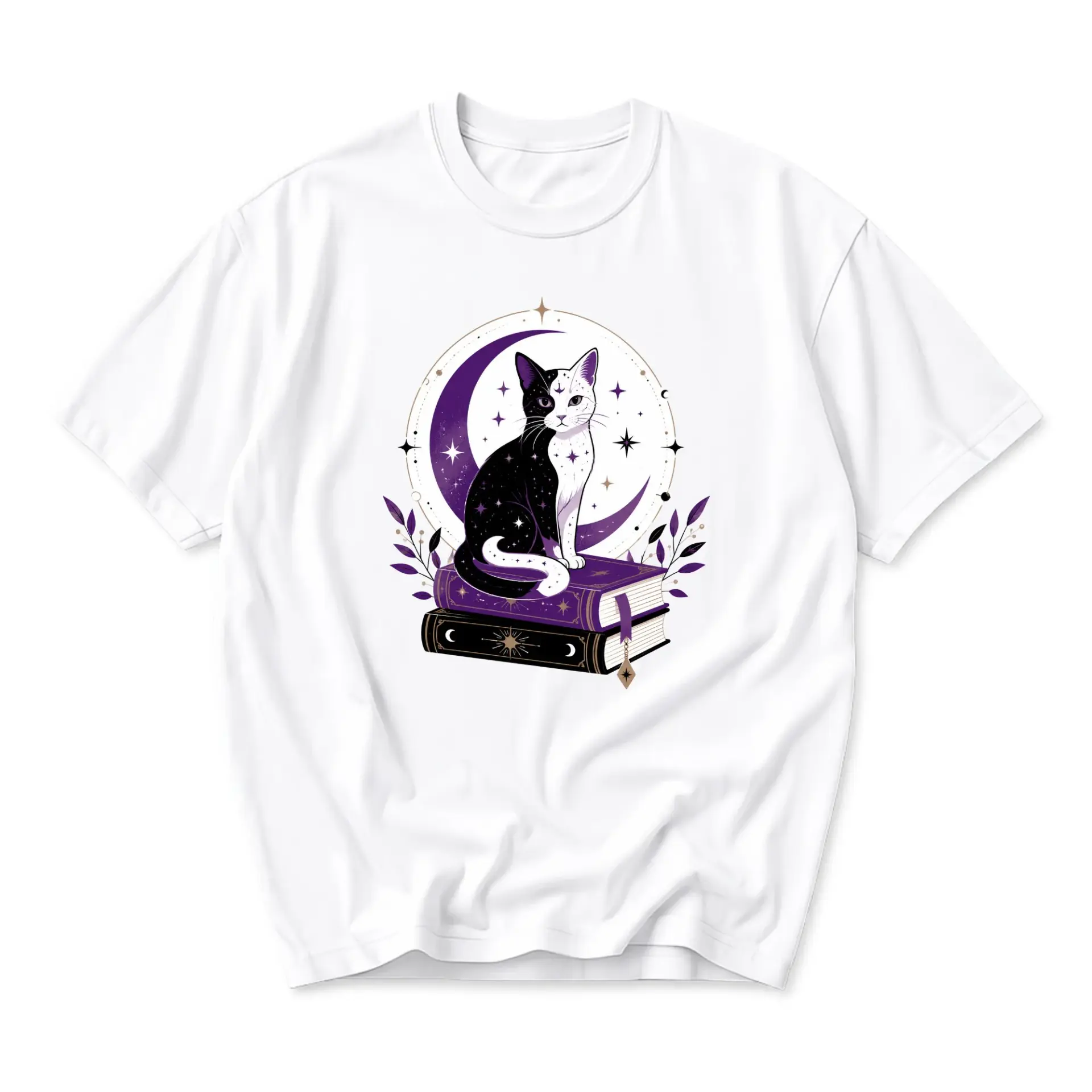 Graphic Tee Celestial Cat Sitting on Spellbooks Artistic Illustration Soft Unisex Casual Crew Neck White T-Shirt