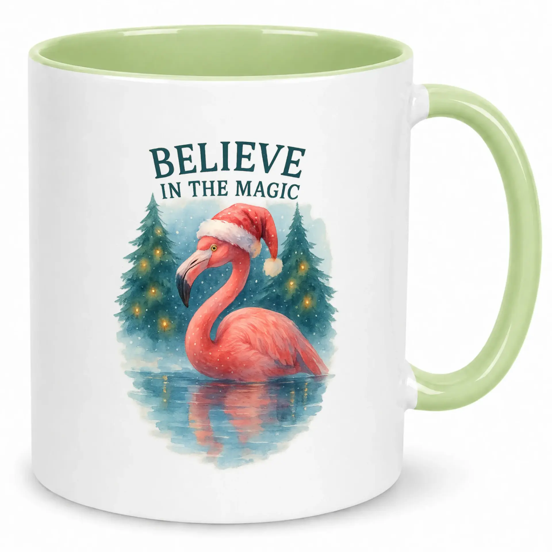 Coffee Mug with Christmas Flamingo Wearing Santa Hat, 'believe in the Magic' Quote, Festive Winter Holiday Ceramic Mug, 11oz or 15oz
