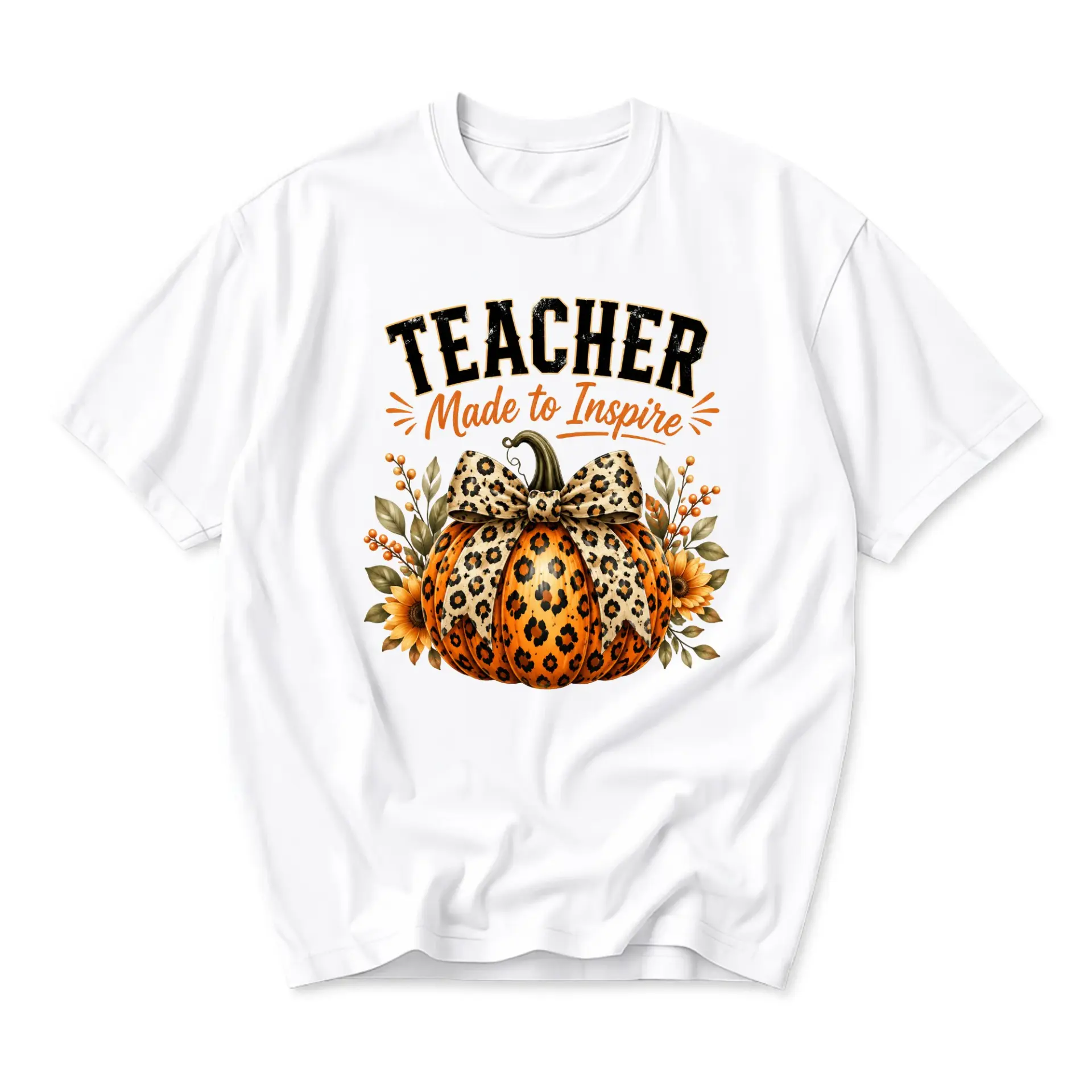 Graphic Tee Teacher Made to Inspire Leopard Print Pumpkin Shirt Autumn Fall Unisex Crew Neck Casual Cotton Top