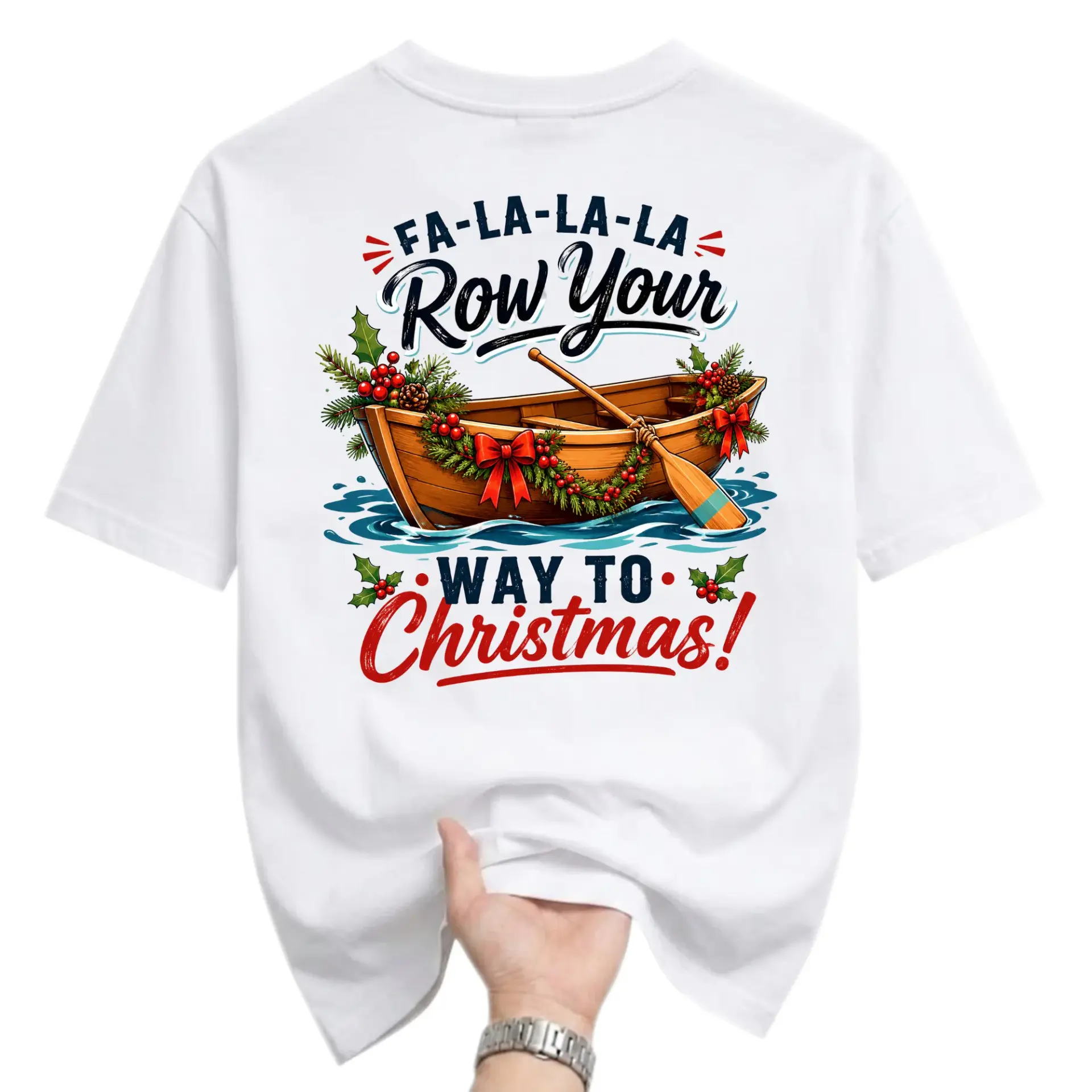 Funny Shirt Christmas Rowing Boat Graphic Tee Unisex Crew Neck Holiday Apparel for Men and Women Casual Seasonal Top