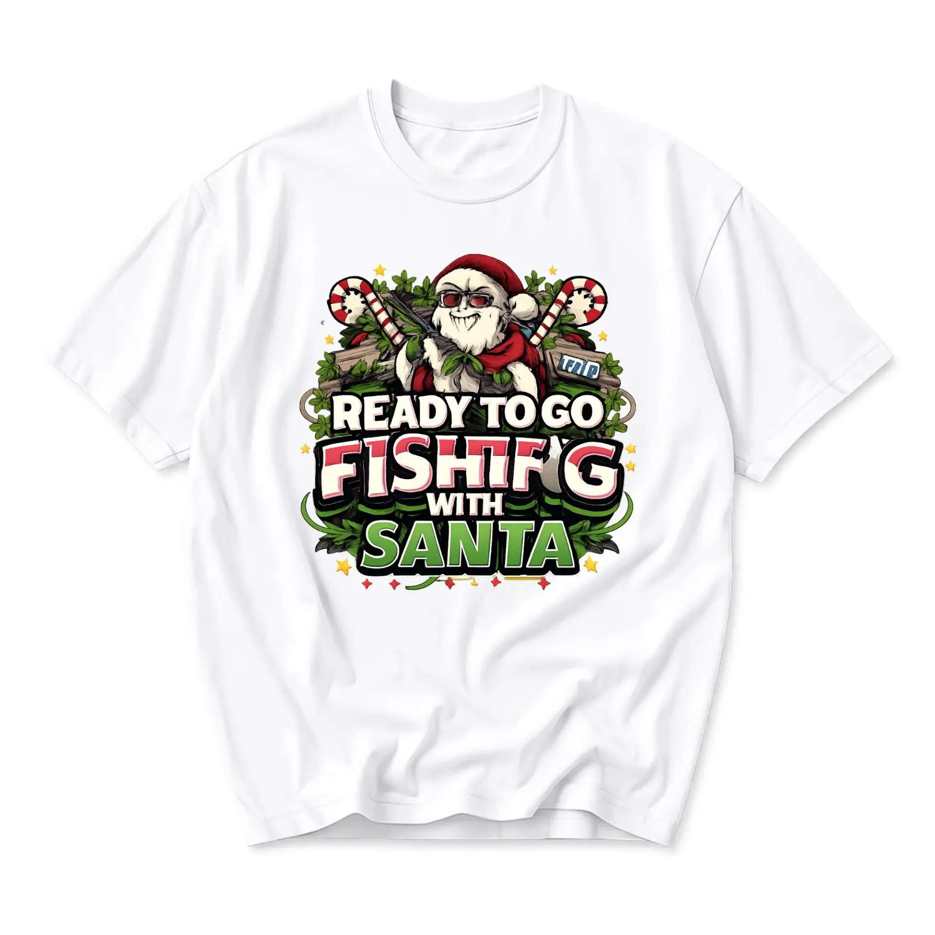 Funny Shirt Ready to Go Fishing with Santa Holiday Graphic Tee Unisex Crew