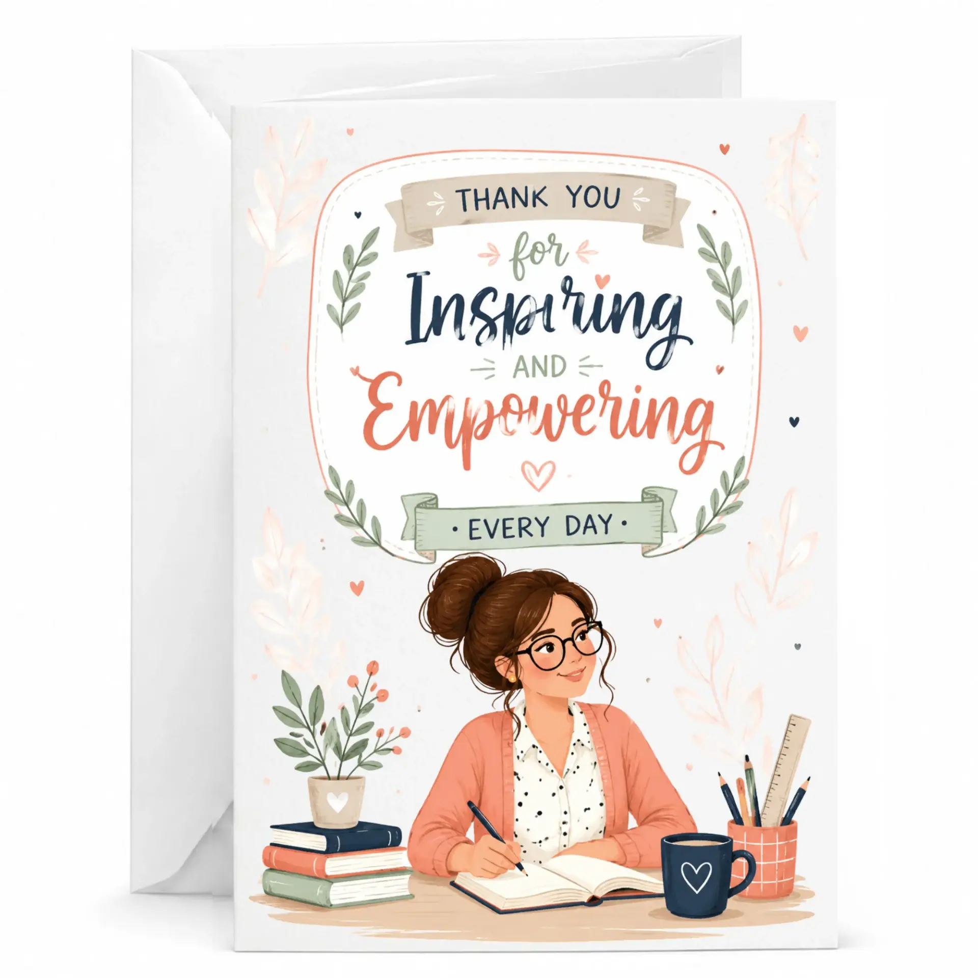 Card for Inspiring and Empowering Illustration with Woman Writing at Desk Stationery Note