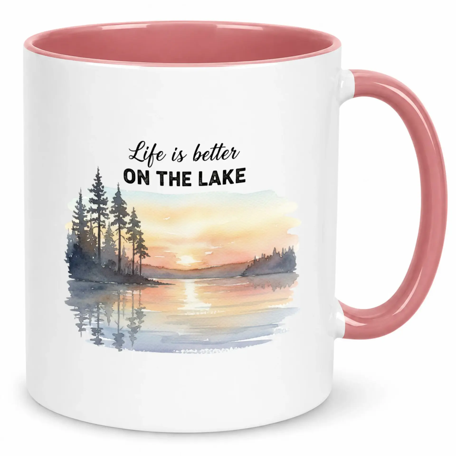 Funny Lake Life Ceramic Coffee Mug with Scenic Sunset Watercolor Design, Life Is Better on the Lake Drinkware for Nature Lovers