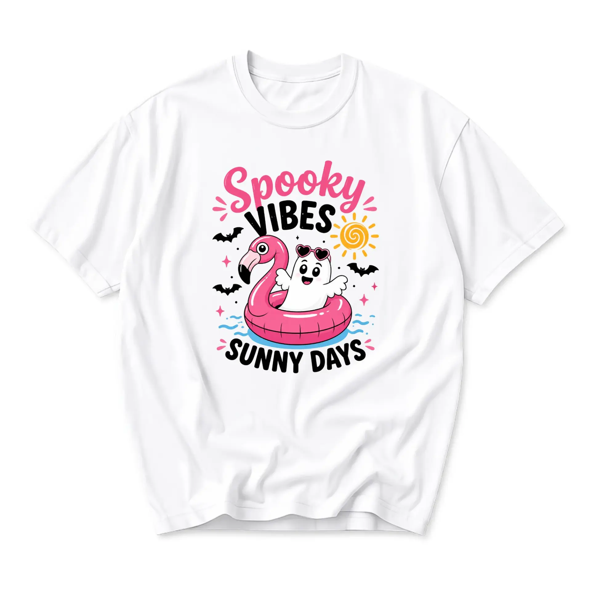 Graphic Tee Spooky Vibes Sunny Days Flamingo Ghost Print Unisex Crew Neck Casual Cotton Blend Short Sleeve Shirt