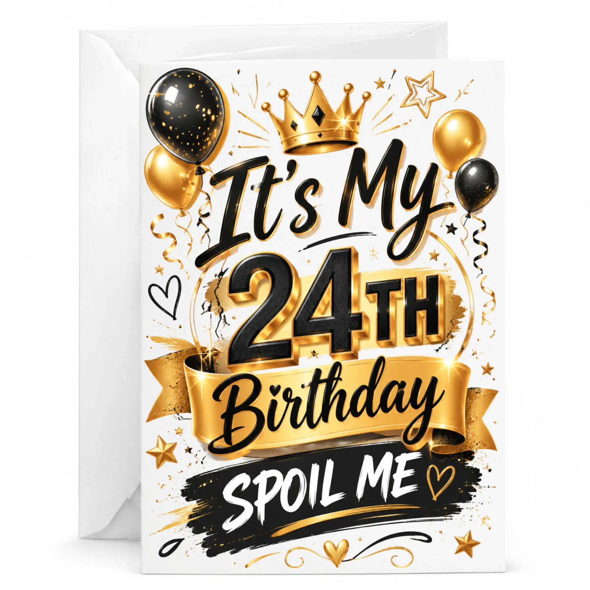 Birthday Card for 24th Birthday Celebration Black and Gold Design Decorative Greeting Card with White Envelope