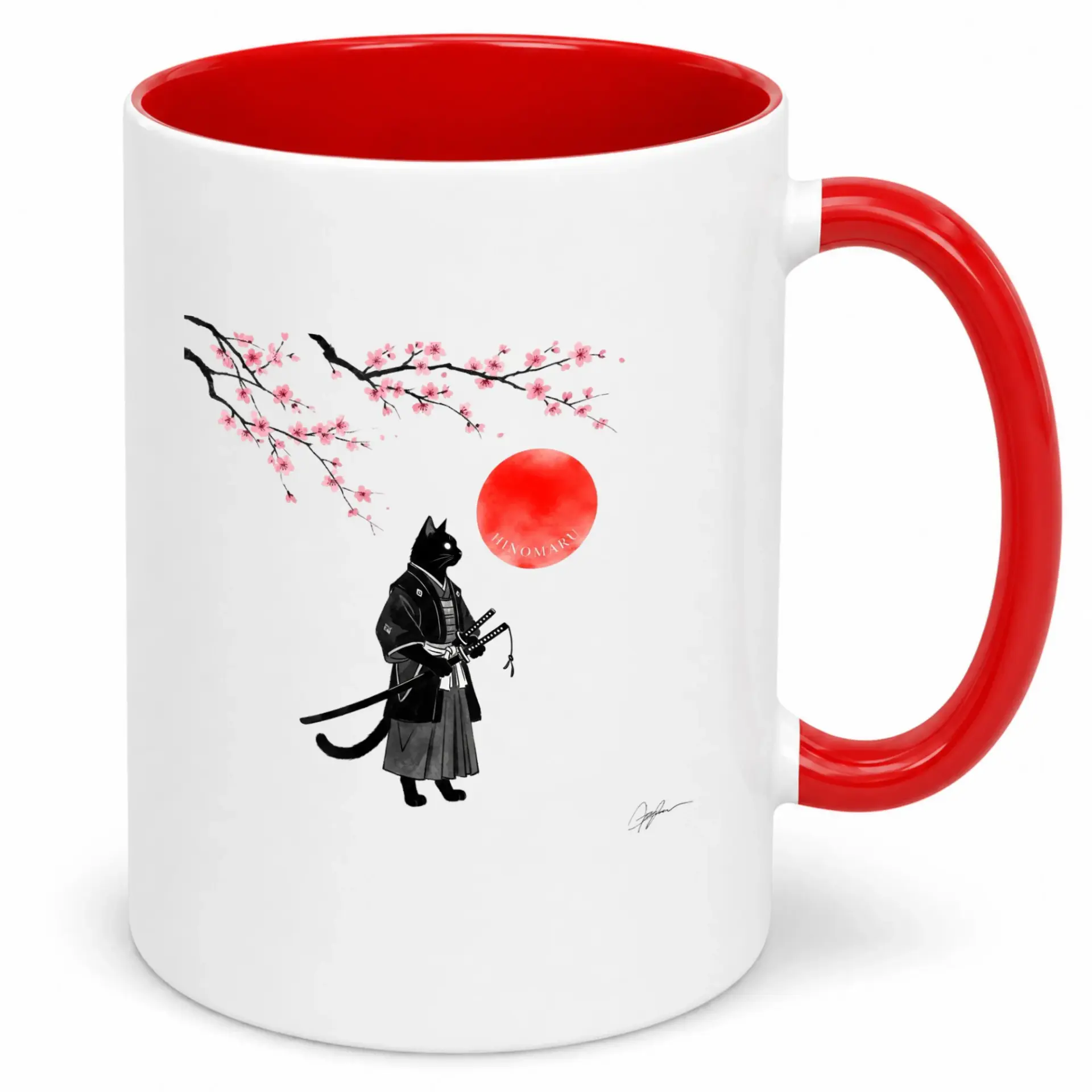 Ceramic Coffee Mug with Japanese Samurai Cat and Cherry Blossom Art, Red Handle and Interior, Unique Cultural Beverage Cup