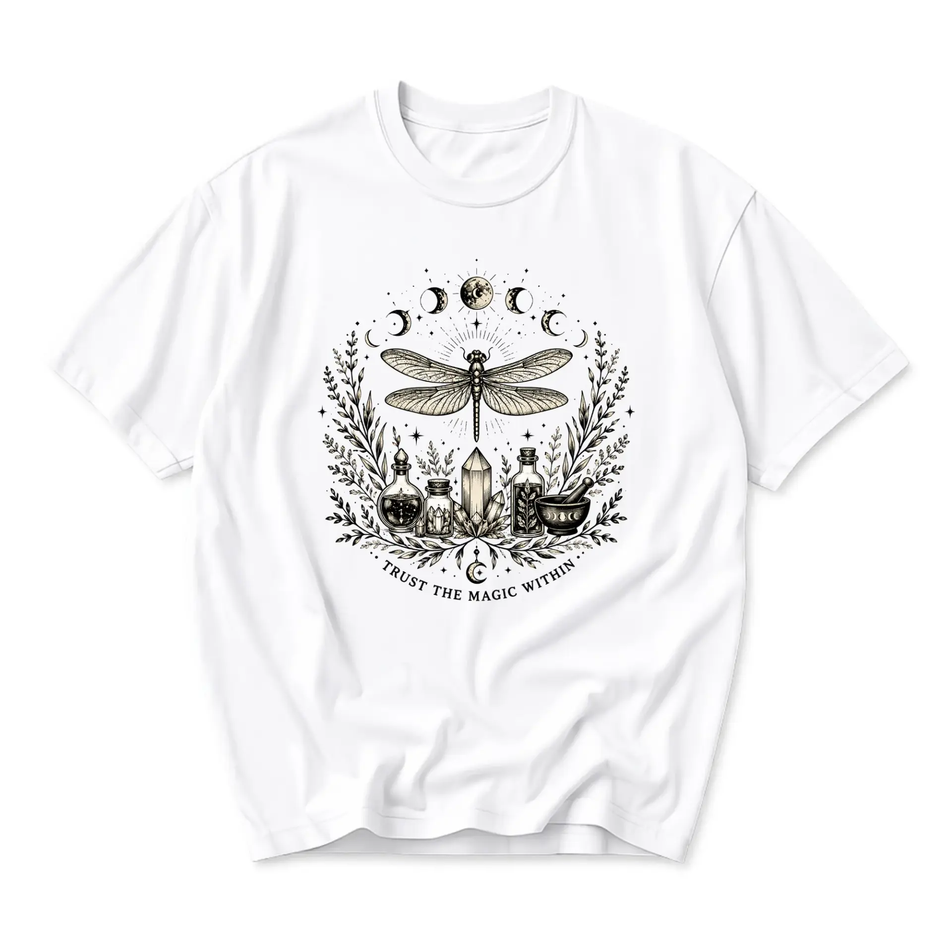 T-shirt Trust the Magic Within Celestial Dragonfly Graphic Tee Casual Short Sleeve Cotton Blend Unisex Crewneck Top
