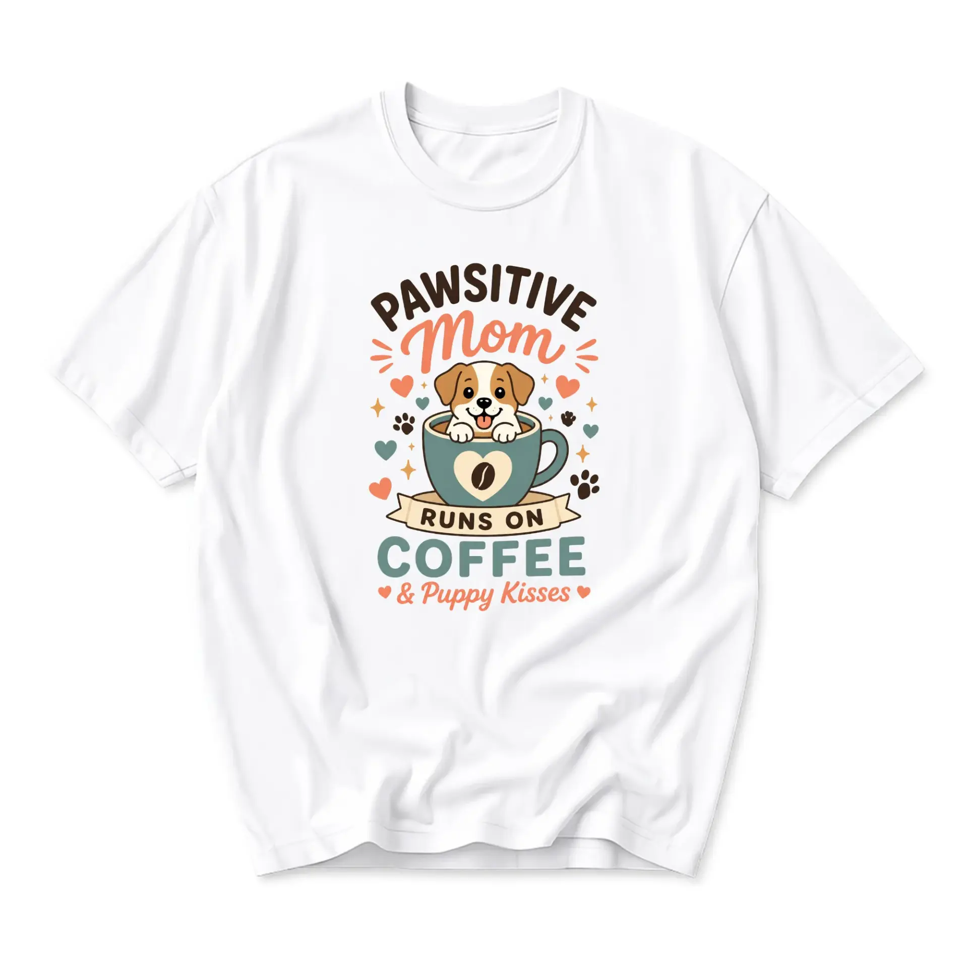Funny Shirt Pawsitive Mom Runs on Coffee and Graphic Tee Casual Crew Neck