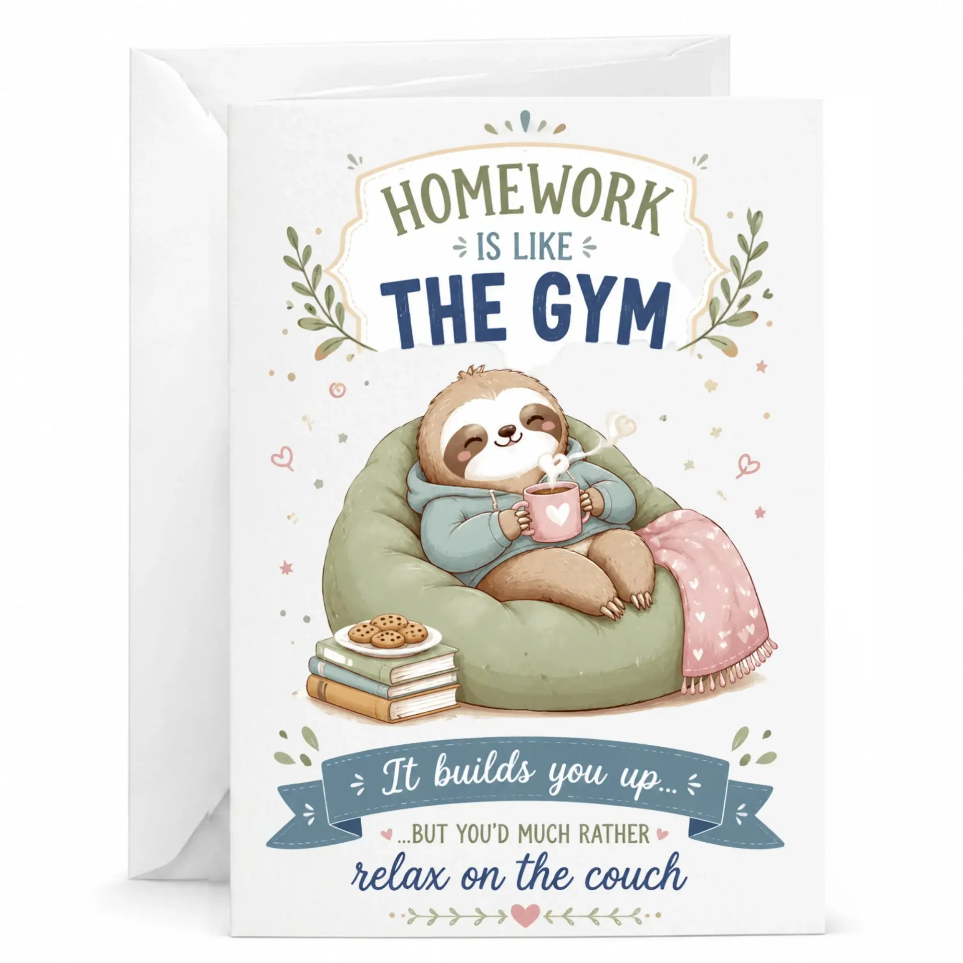 Funny Sloth Greeting Card Homework Is Like the Gym Humorous Relaxation Gift