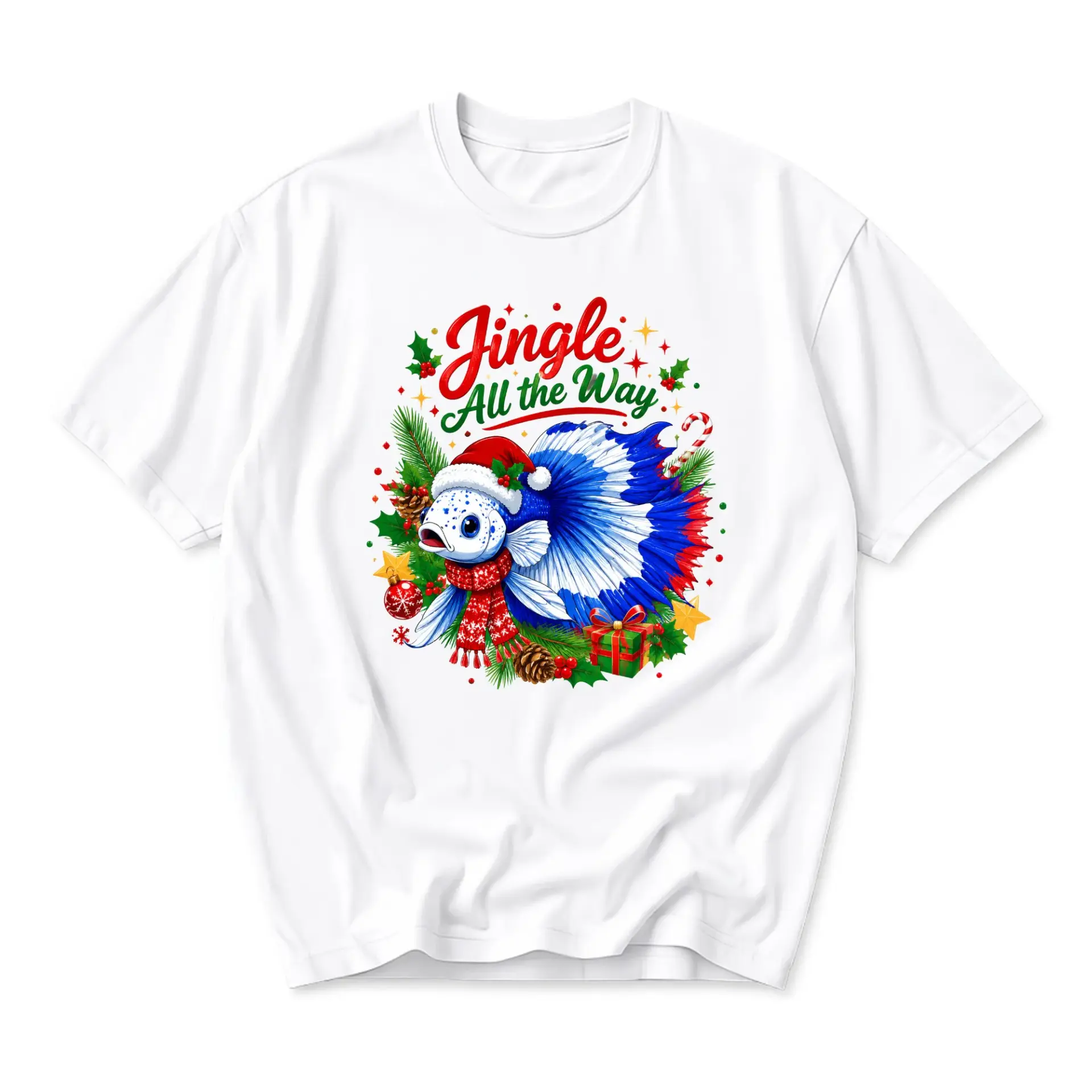 Funny Shirt Jingle All the Way Fish Christmas Graphic Unisex T-Shirt Seasonal Holiday Casual Crew Neck Tee