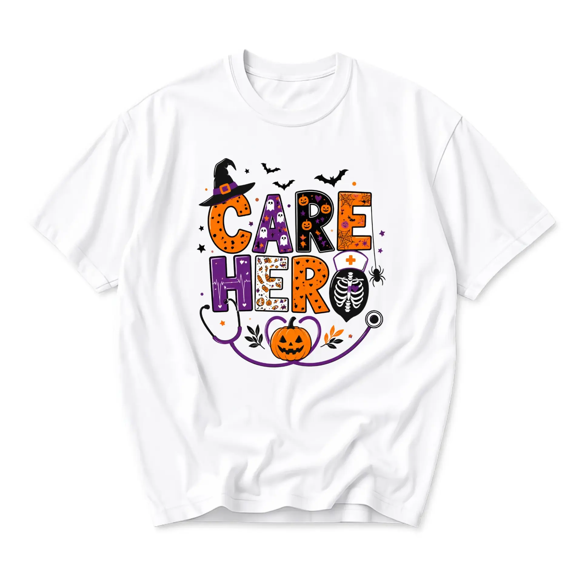 Graphic Tee Care Hero Halloween Nurse Design Unisex Cotton Crew Neck Casual Short Sleeve Apparel for Medical Staff