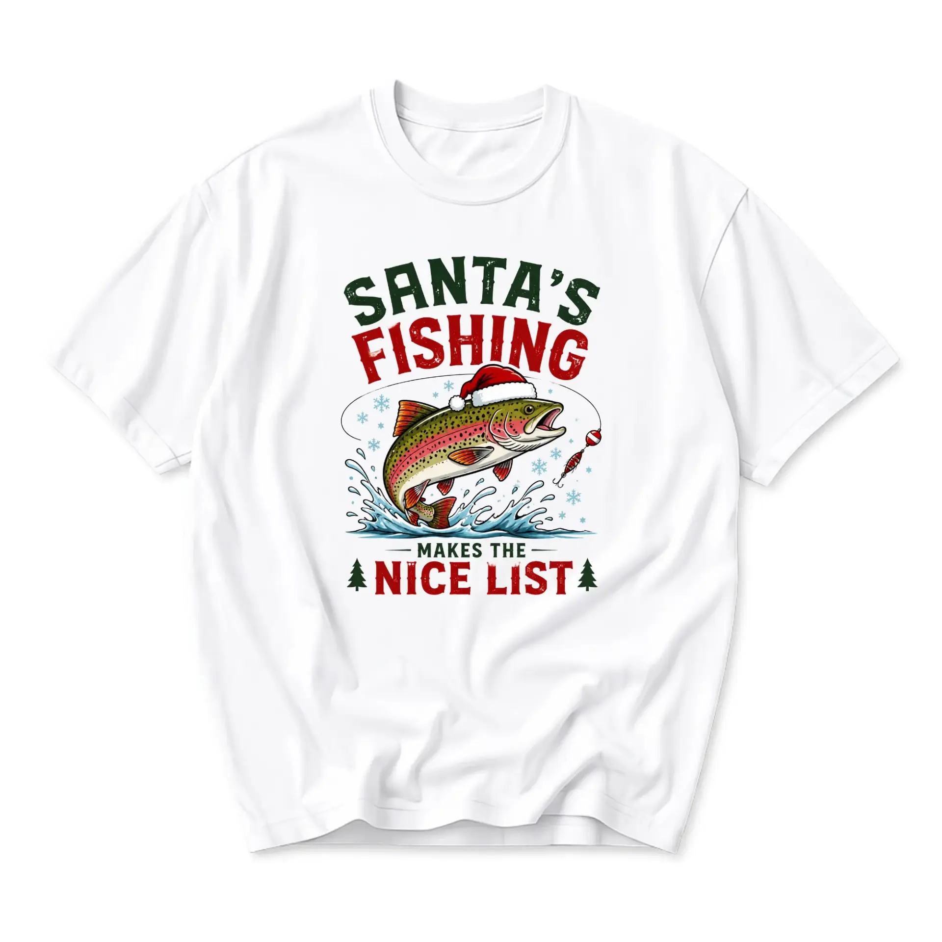 Funny Shirt Santa Fishing Makes the Nice List Graphic Tee Holiday Season Outdoor Sports Unisex Crew Neck Top