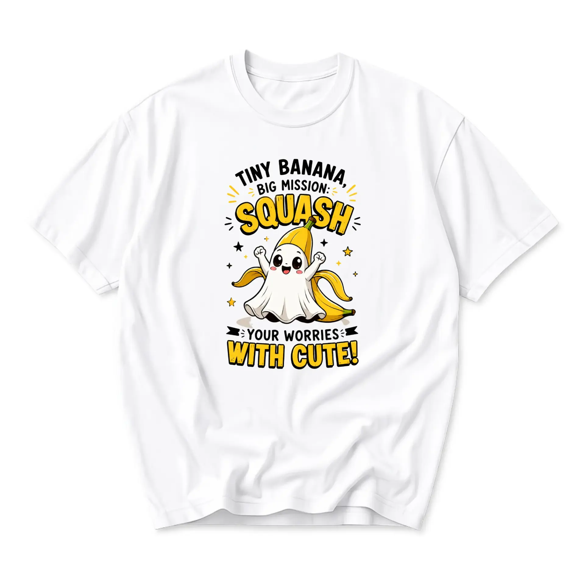 Funny Shirt Tiny Banana Big Mission Squash Your Worries with Cute Graphic Tee Unisex Casual Cotton Crew Neck T-Shirt