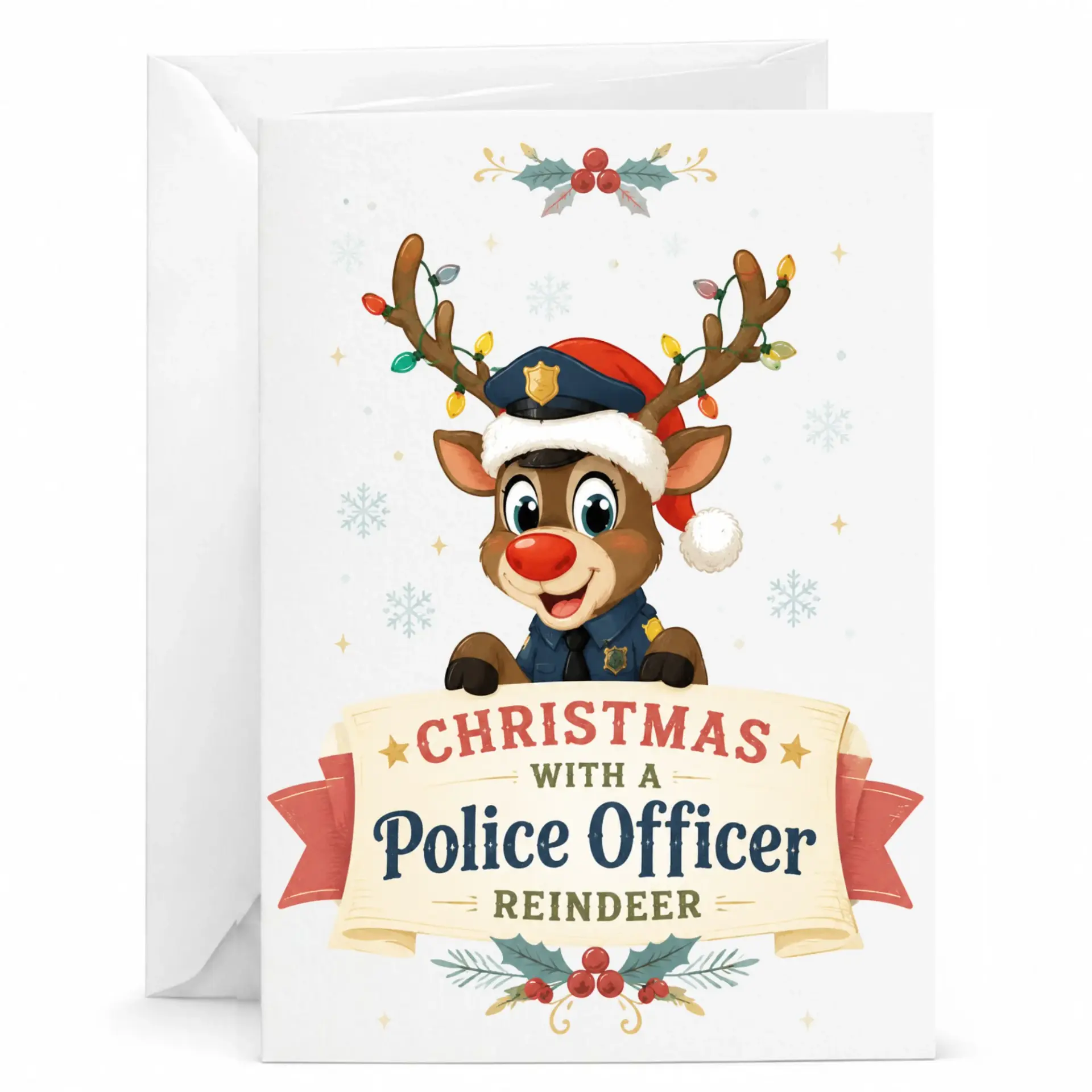 Greeting Card Christmas with a Police Officer Reindeer Illustration Holiday Season Festive Stationery 5x7 Folded Note
