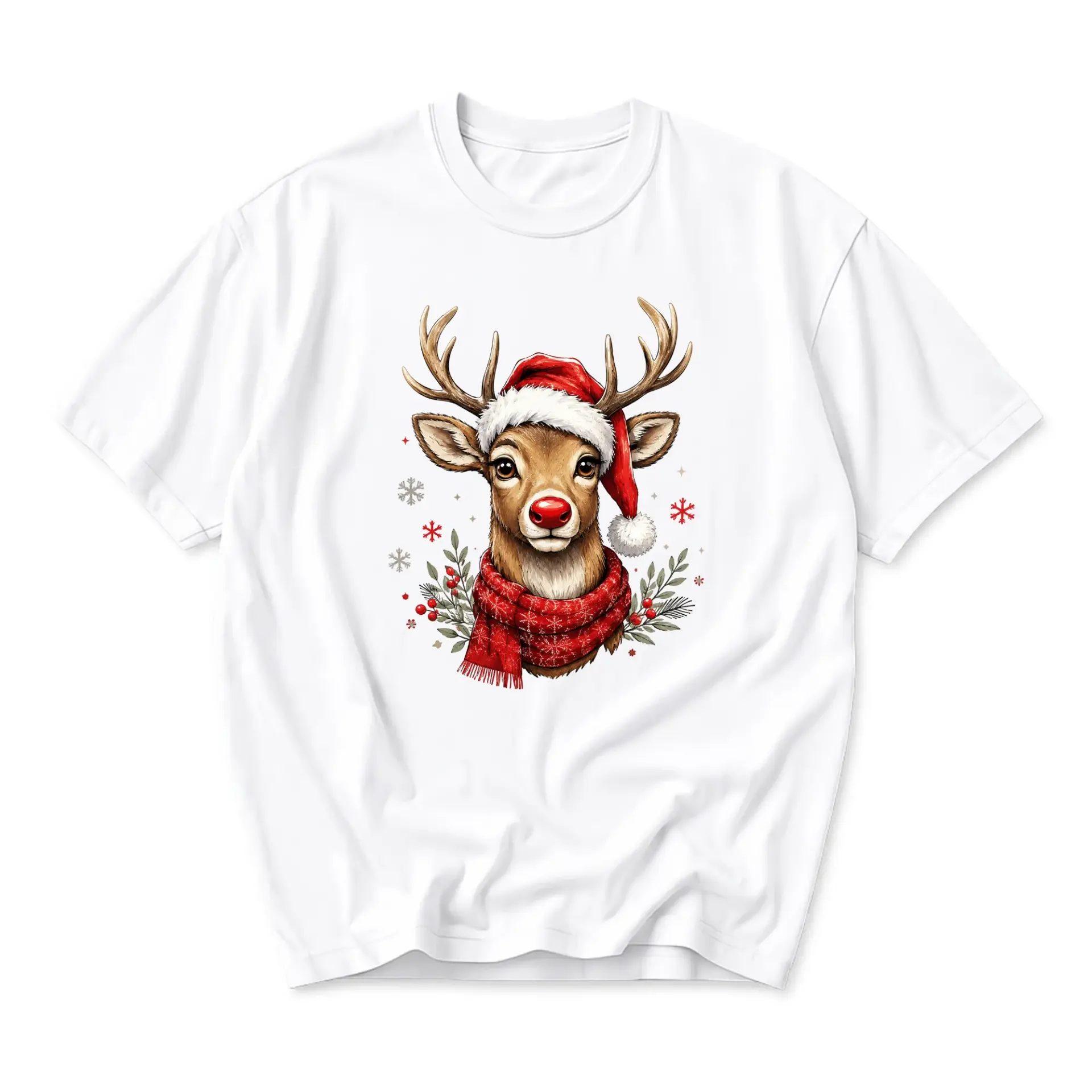T-shirt Reindeer Wearing a Santa Hat and Red Scarf Festive Holiday Graphic
