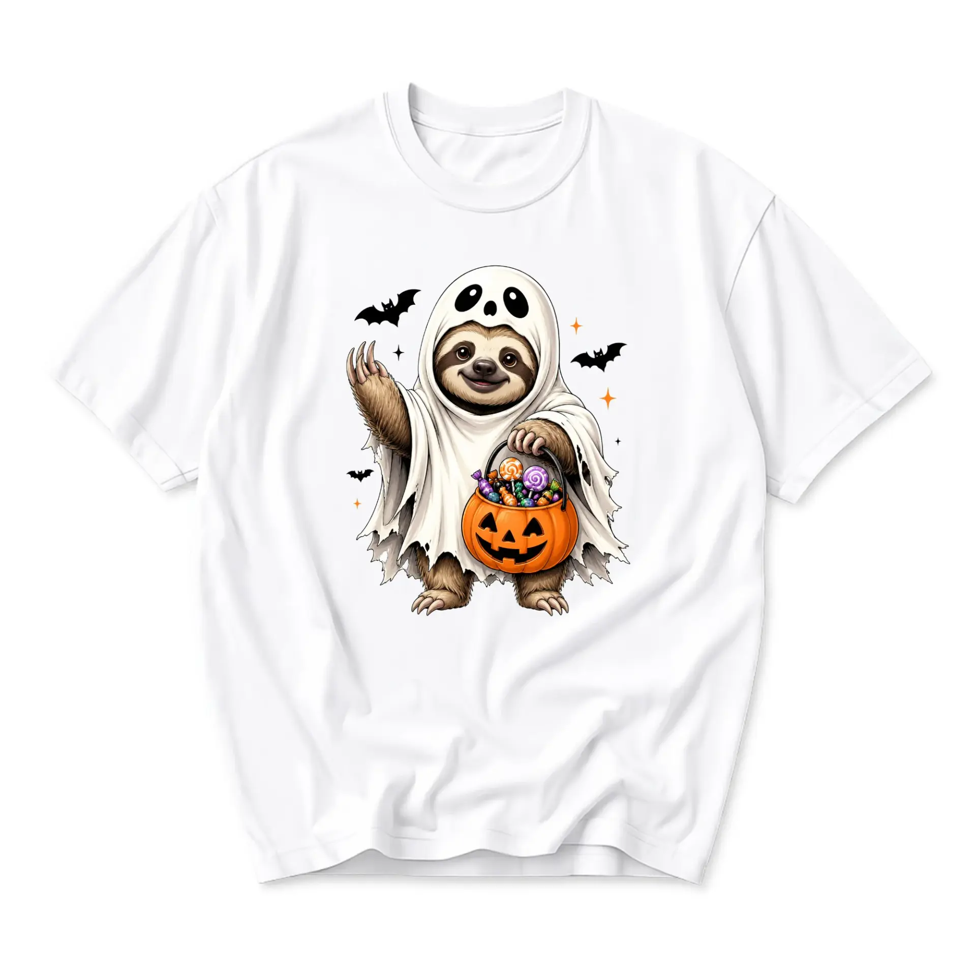 Graphic Tee Unisex Sloth Ghost Halloween Costume Print T-Shirt for Casual Everyday Wear and Seasonal Holiday Fun