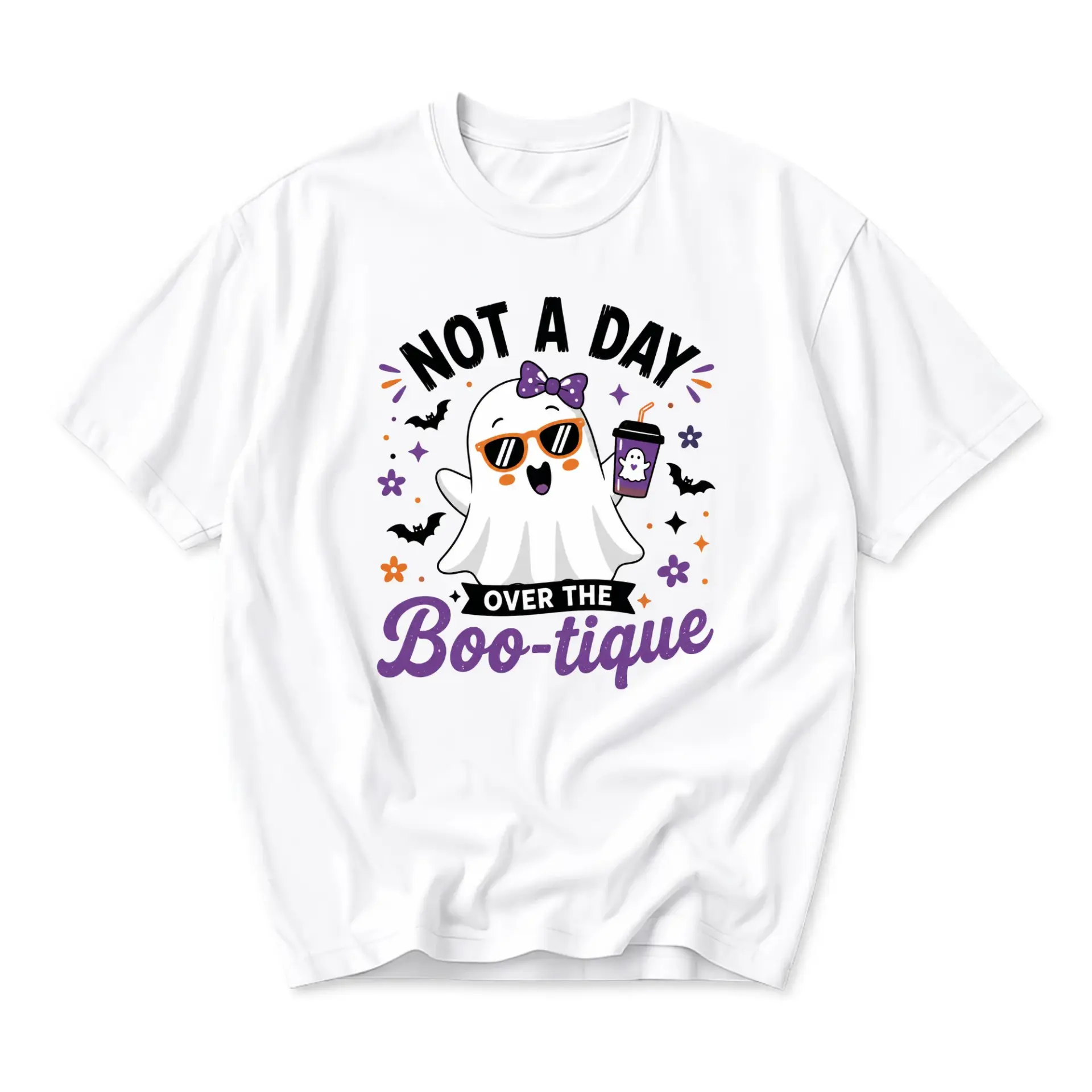 Funny Shirt Not a Day over the Boo-Tique Cute Ghost Graphic Tee Unisex Crew Neck Short Sleeve Casual Cotton Top