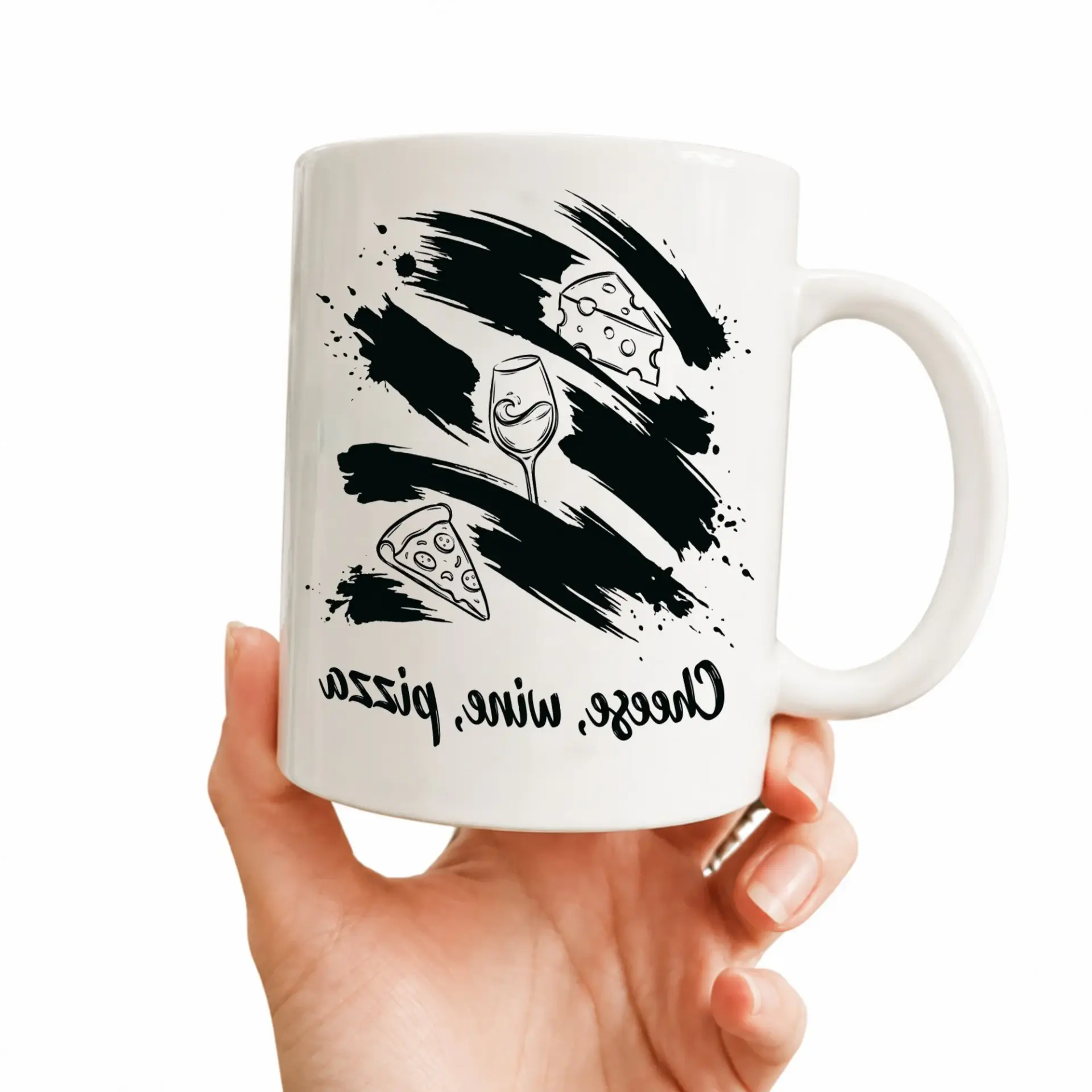 Food Themed Ceramic Coffee Mug with Blue Handle and Rim Featuring Cheese Wine Pizza Artistic Illustration Design