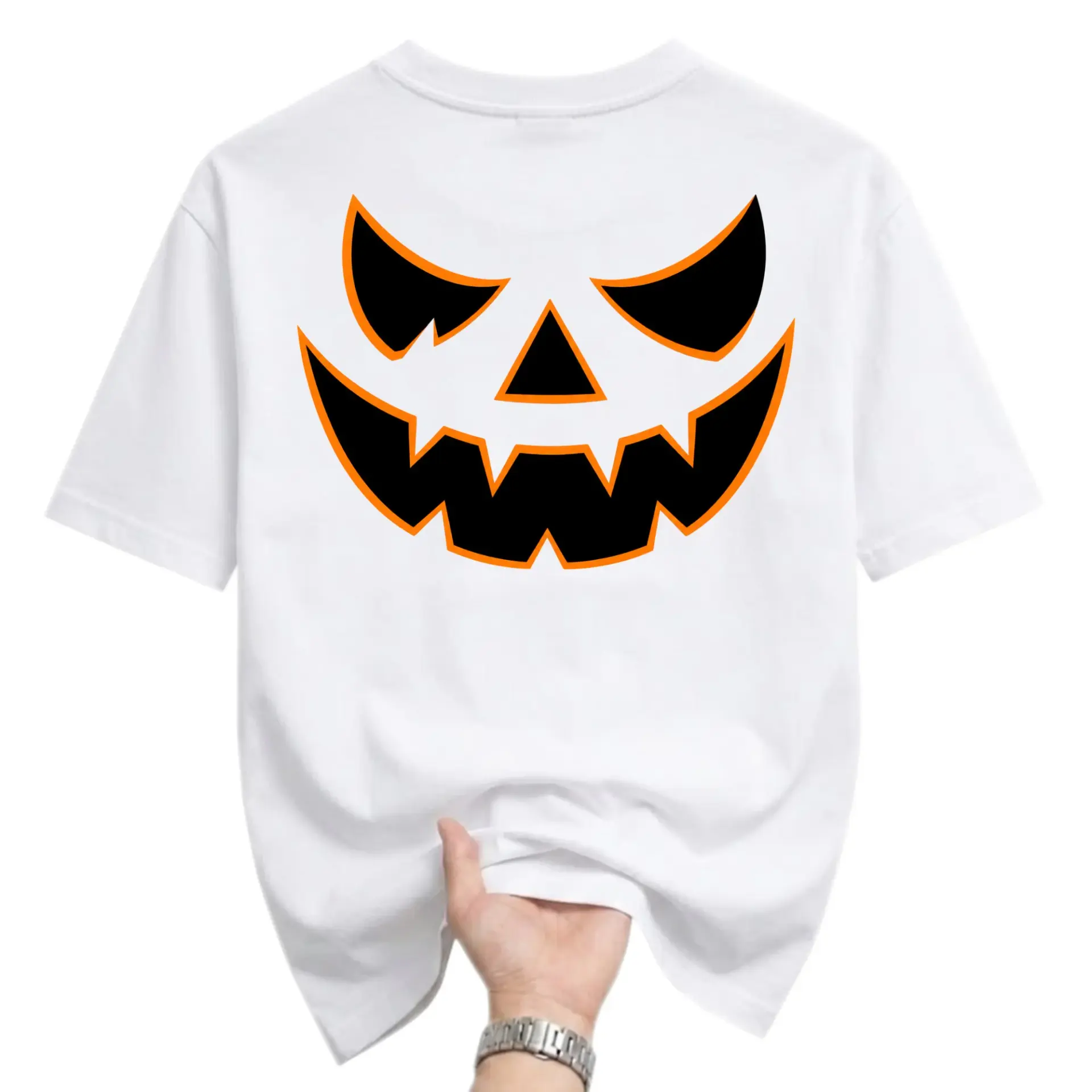 Graphic Tee Unisex Crew Neck T-Shirt Featuring Spooky Jack O Lantern Pumpkin Face Design for Halloween Seasonal Wear