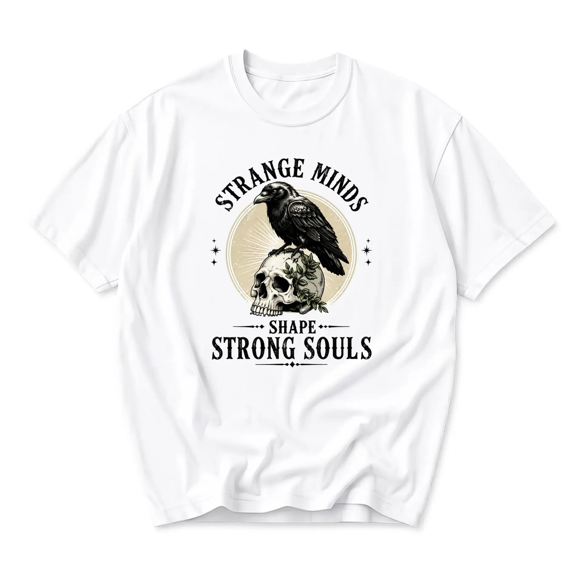Graphic Tee Strange Minds Shape Strong Souls Raven Skull Unisex Crew Neck Short Sleeve Shirt for Casual Daily Wear