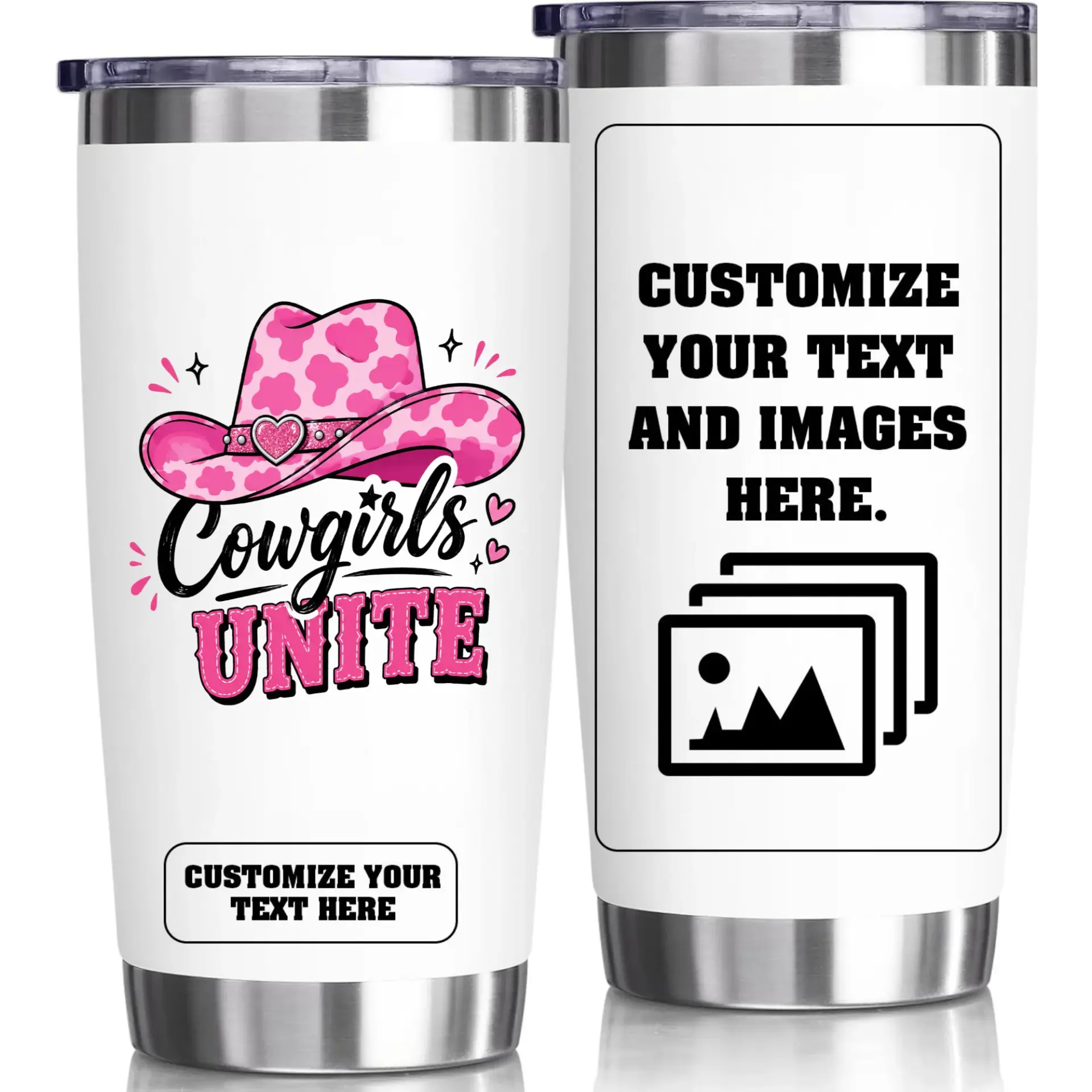 Stainless Steel Tumbler Cowgirls Unite Pink Cow Print Western Hat 20oz Insulated Cup for Hot and Cold Beverage Travel