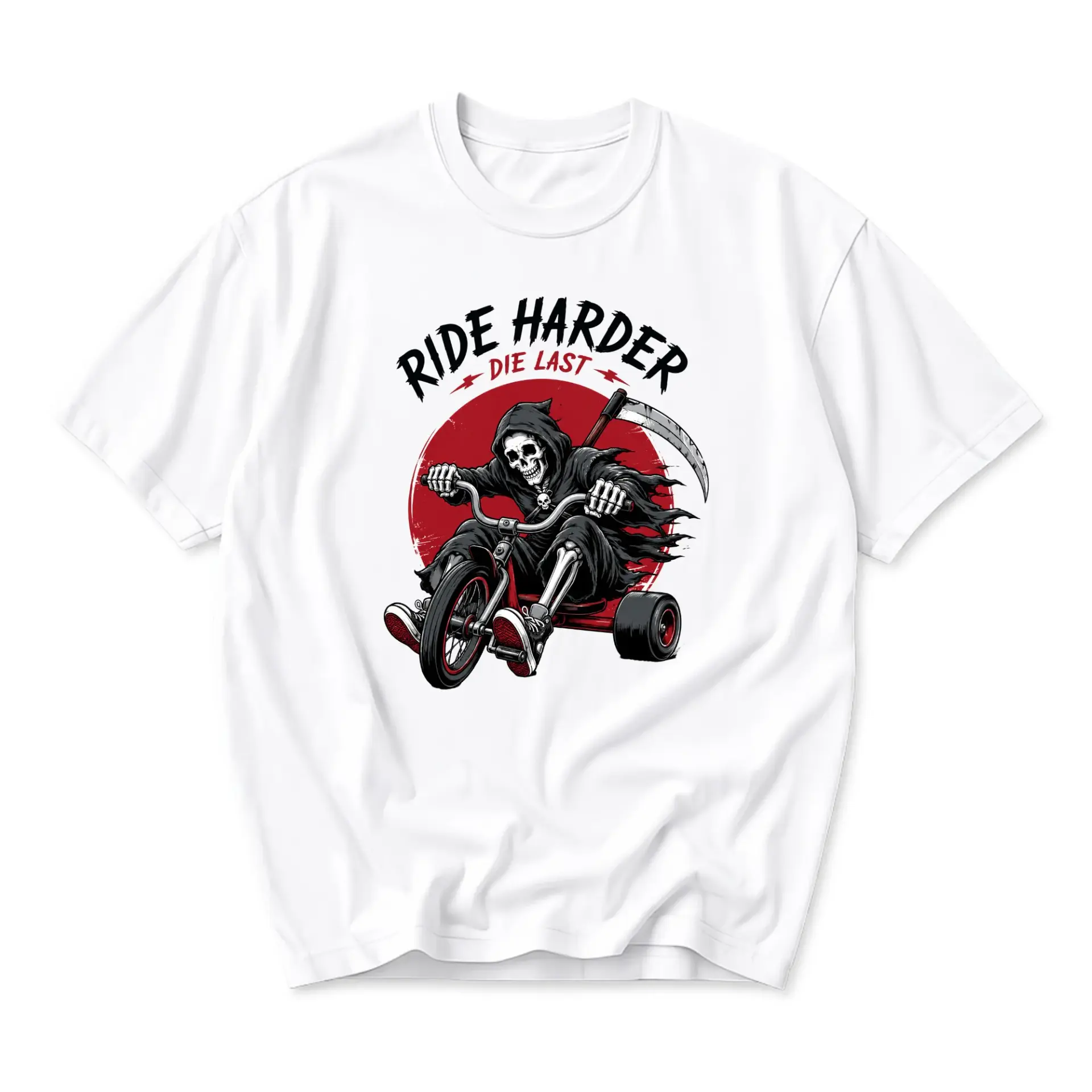 Graphic Tee Ride Harder Die Last T-Shirt Featuring Grim Reaper Illustration on a Three Wheeler Bicycle Print