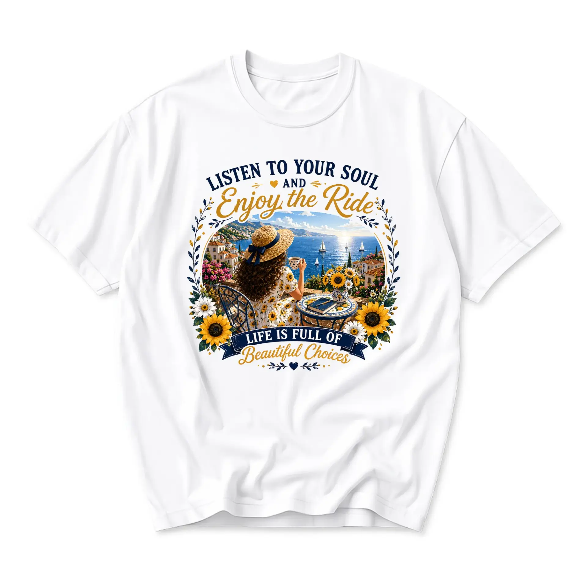 Graphic Tee Listen to Your Soul and Enjoy the Ride Inspirational Sunflower Coastal Scene Unisex Cotton Crew Neck Shirt