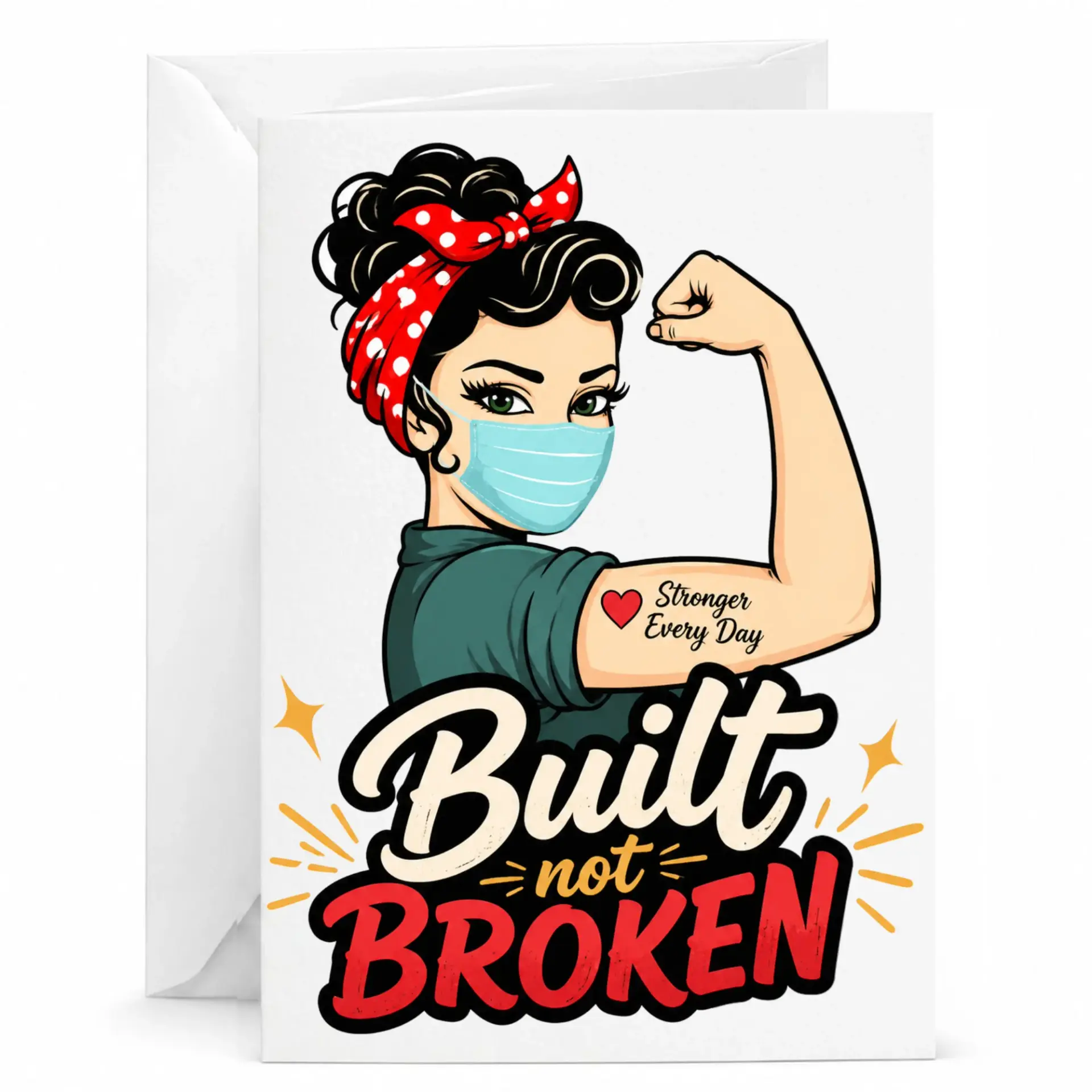 Inspirational Greeting Card Built Not Broken Design Featuring Strong Woman Illustration for Encouragement and Support