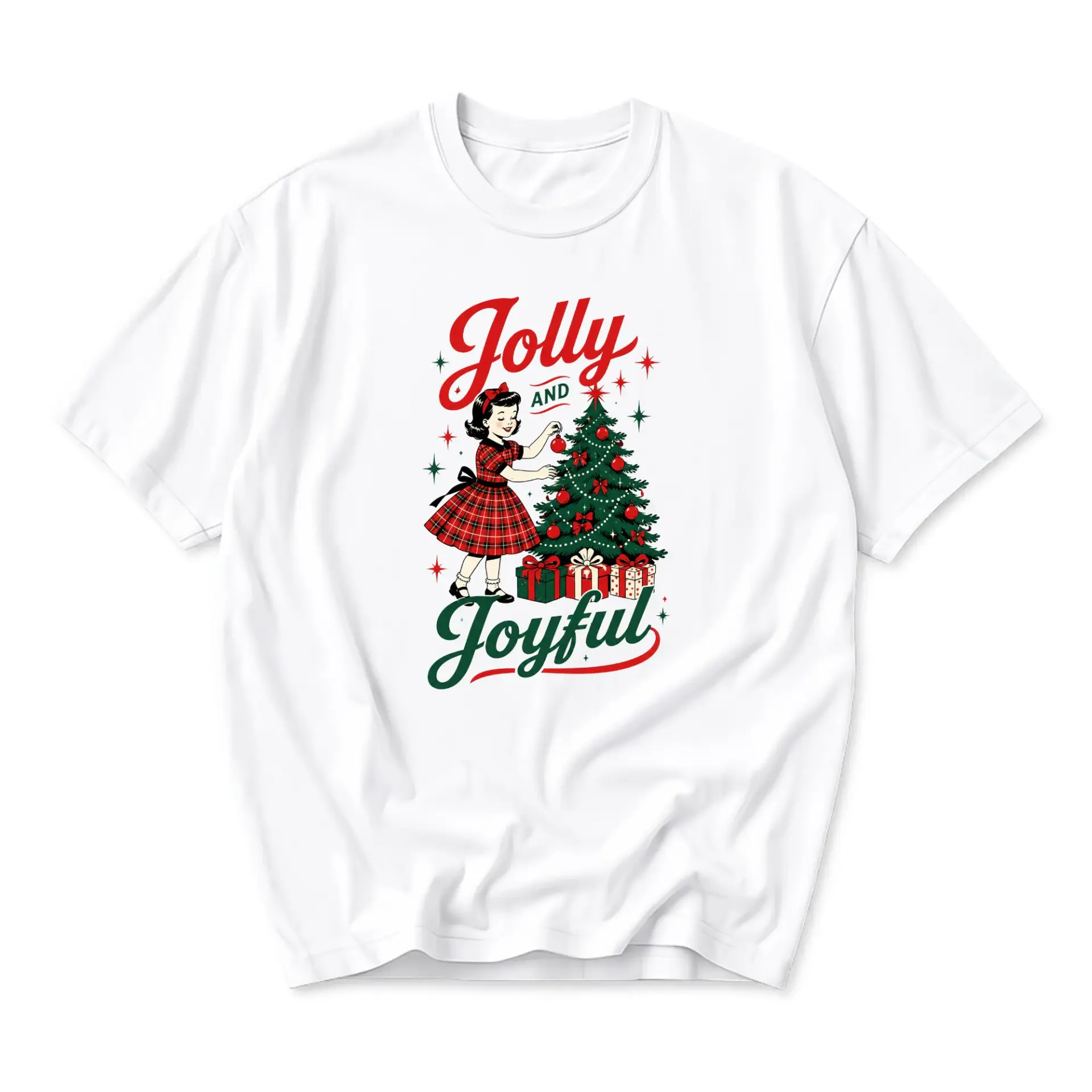 Graphic Tee Jolly and Joyful Retro Christmas Holiday Print Unisex Casual Short Sleeve Crew Neck Cotton Blend T-Shirt