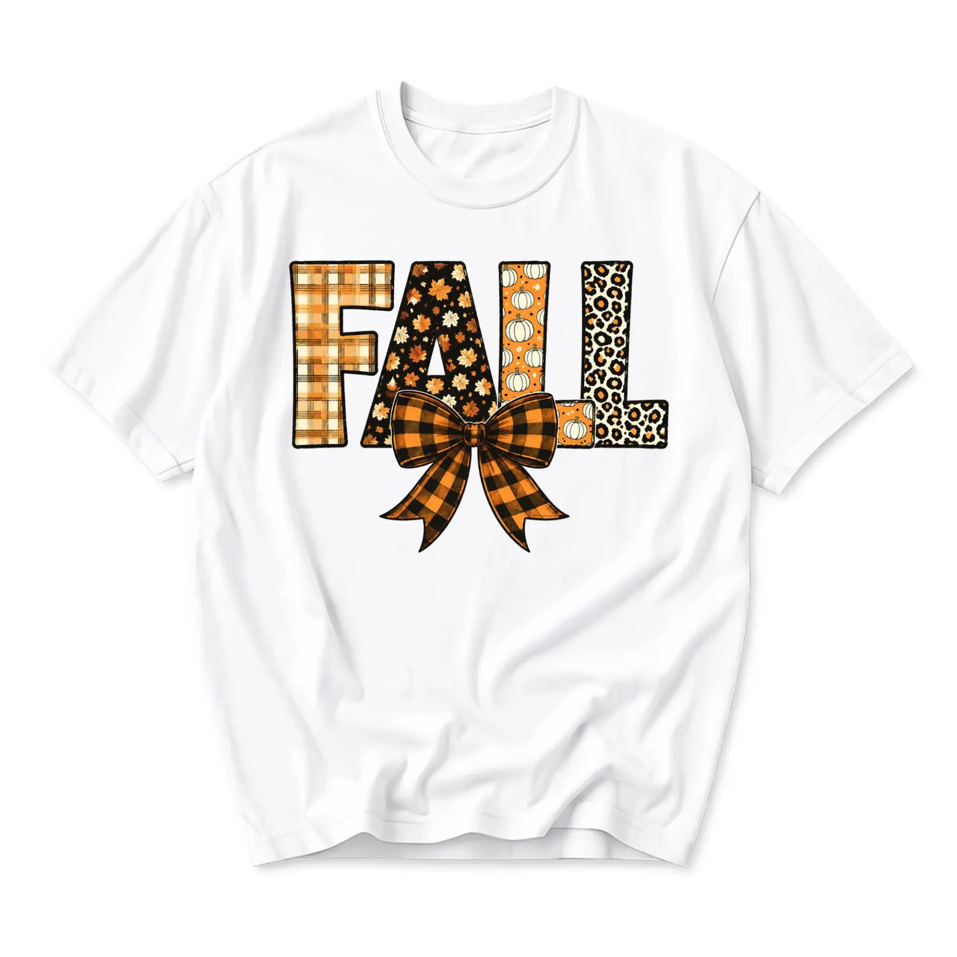 Graphic Tee Fall Seasonal Shirt with Plaid Pumpkin and Leopard Print Letters and Bow Autumn Themed Unisex Top