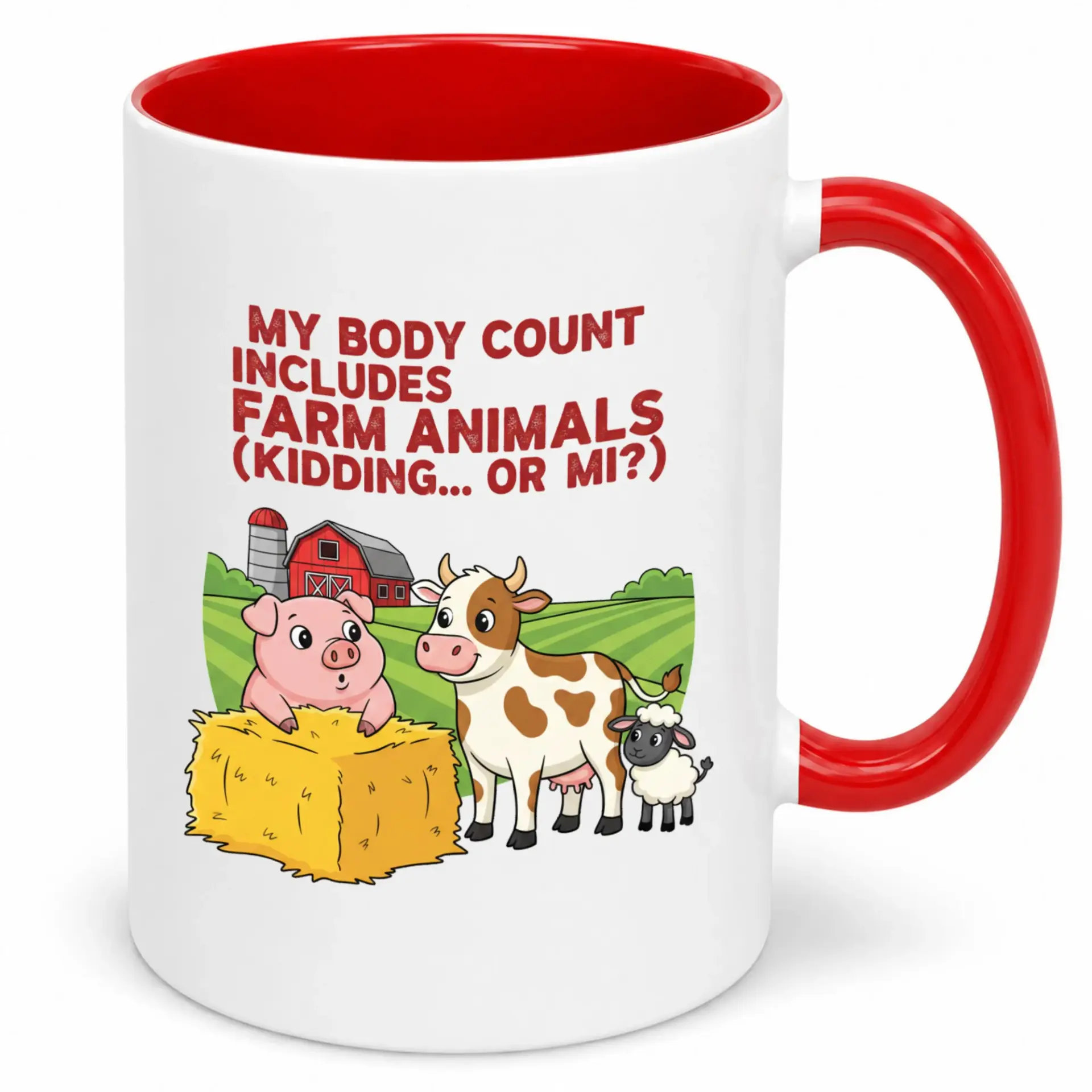 Funny Farm Animal Ceramic Coffee Mug – Humorous 'my Body Count Includes Animals' Novelty Drinking Cup with Red Handle