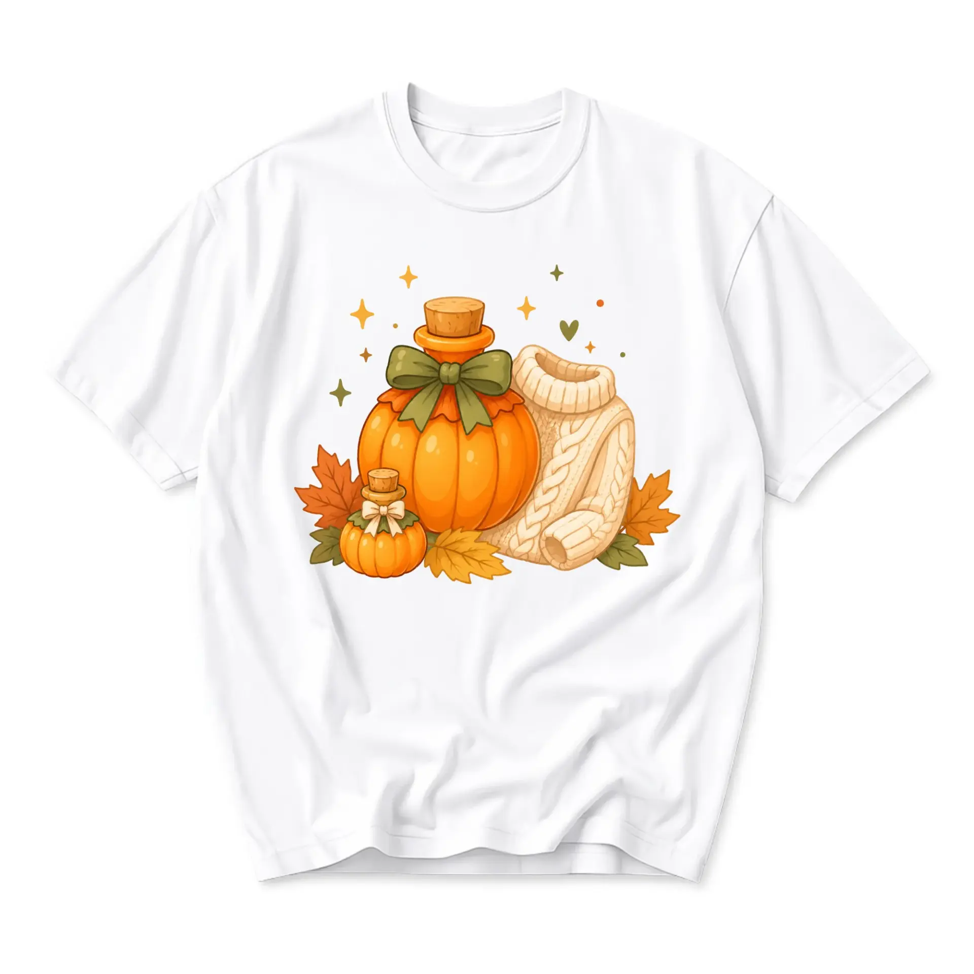 Graphic Tee Unisex Autumn Vibes Pumpkin Bottle Illustration Cozy Sweater Fall Season Crew Neck Casual Short Sleeve Shirt