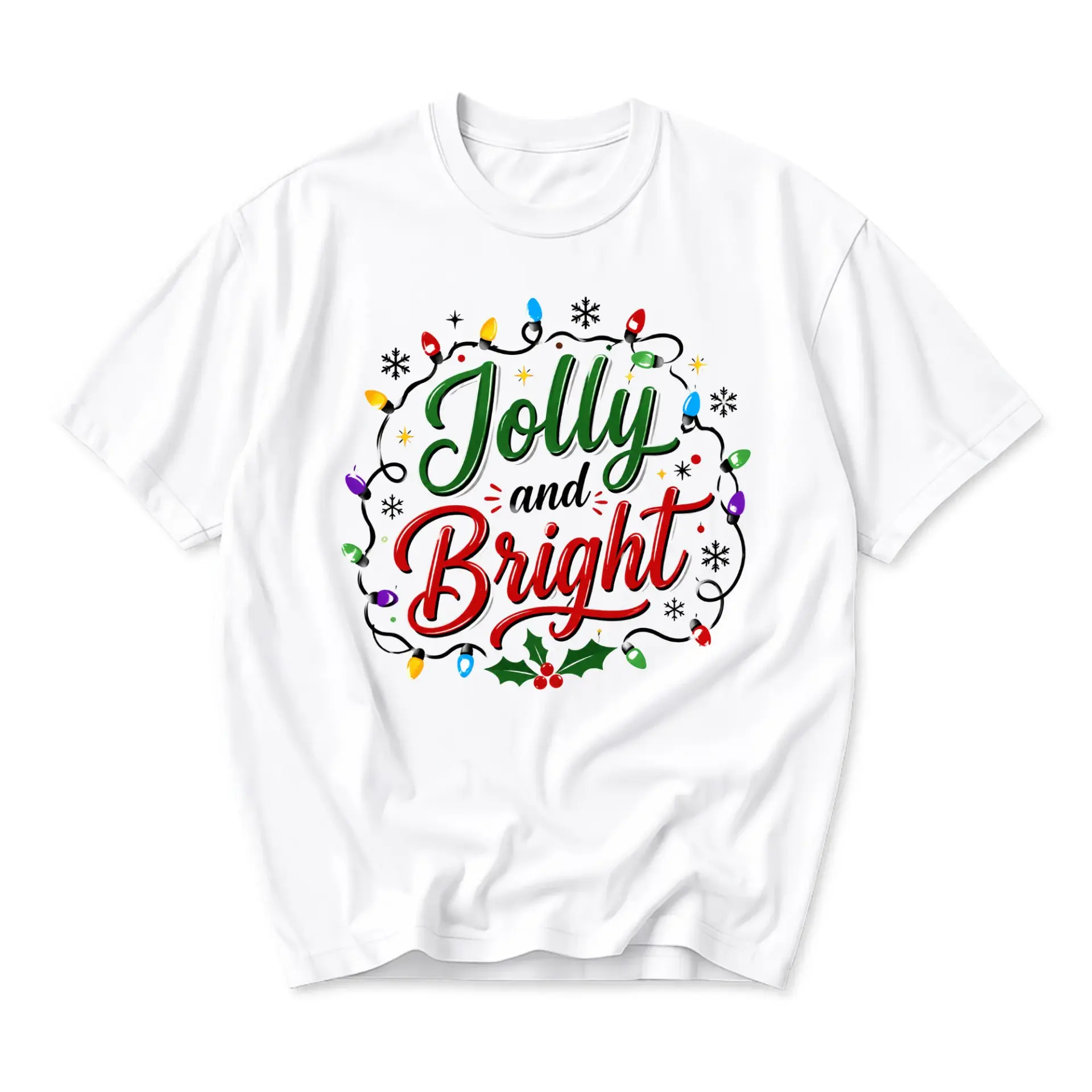 Funny Shirt Jolly and Bright Graphic Tee Holiday Season Winter Festive Unisex Crew Neck Short Sleeve Cotton T-Shirt