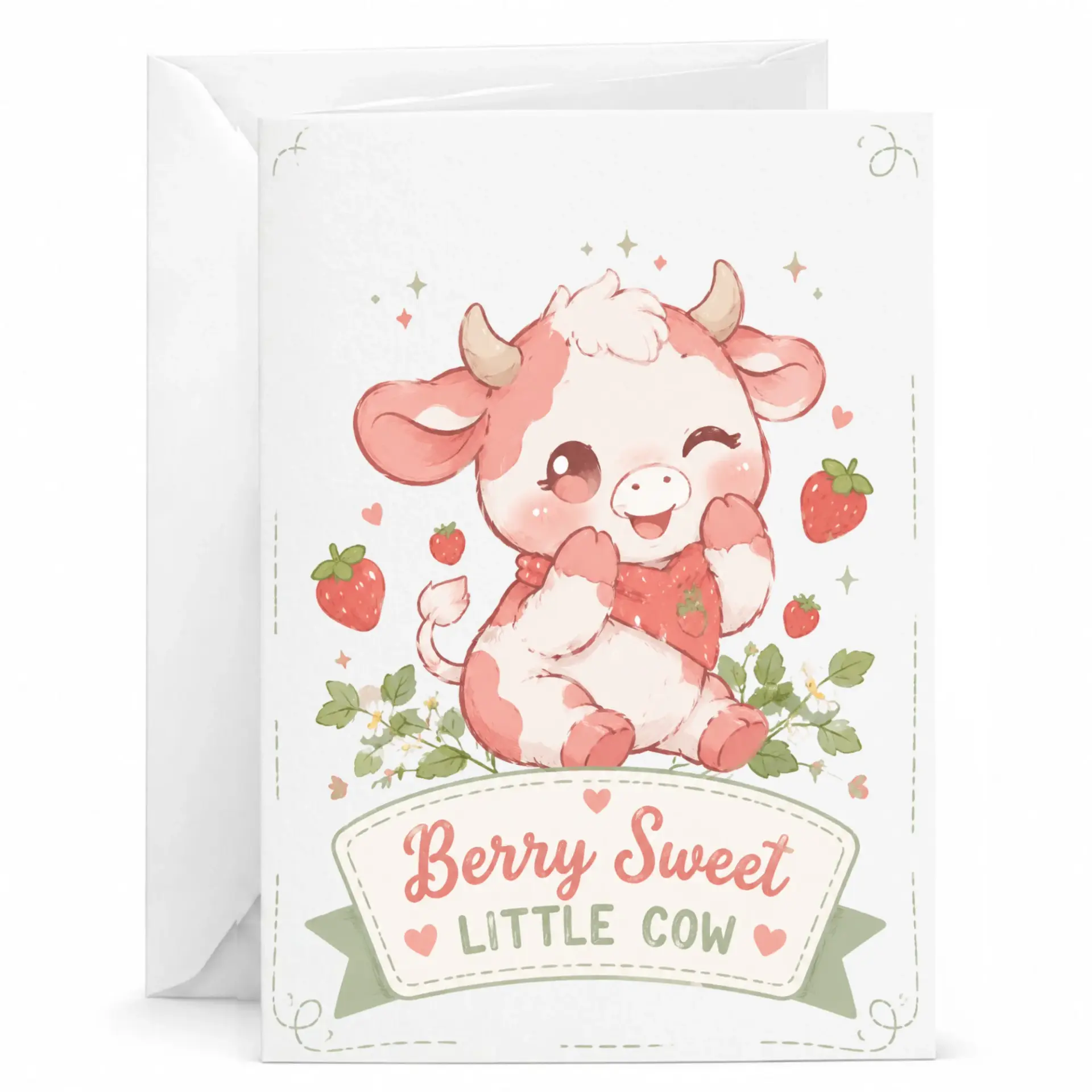 Greeting Card Berry Sweet Little Cow Design Cute Strawberry Farm Animal Illustration Stationary for Special Occasions