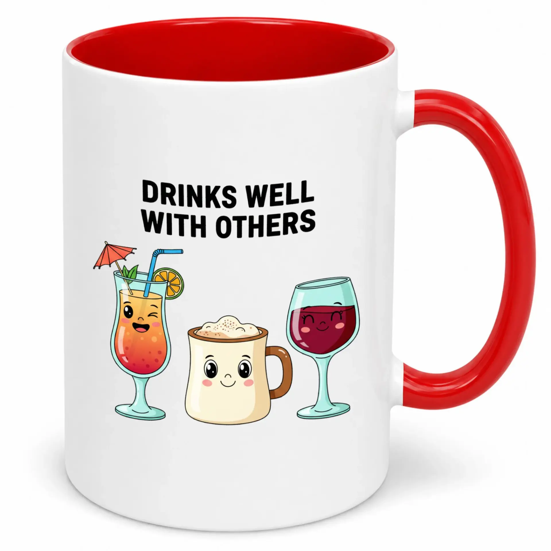 Funny Ceramic Coffee Mug with Drinks Well with Others Design, Cute Beverage Illustration Humor Cup for Social Gatherings & Office