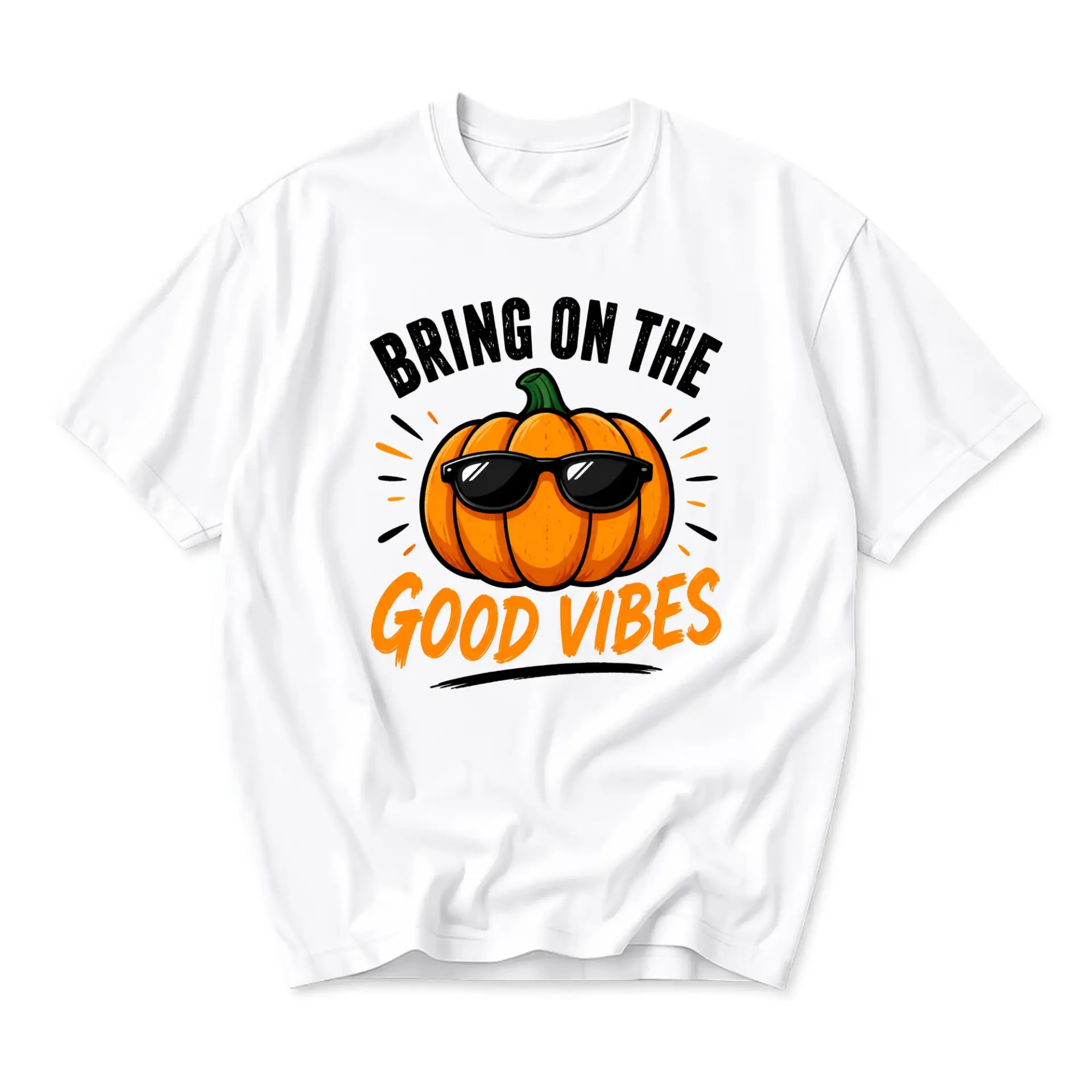 Funny Shirt Bring on the Good Vibes Pumpkin Graphic Tee Unisex Casual Apparel for Autumn Fall Season Everyday Wear