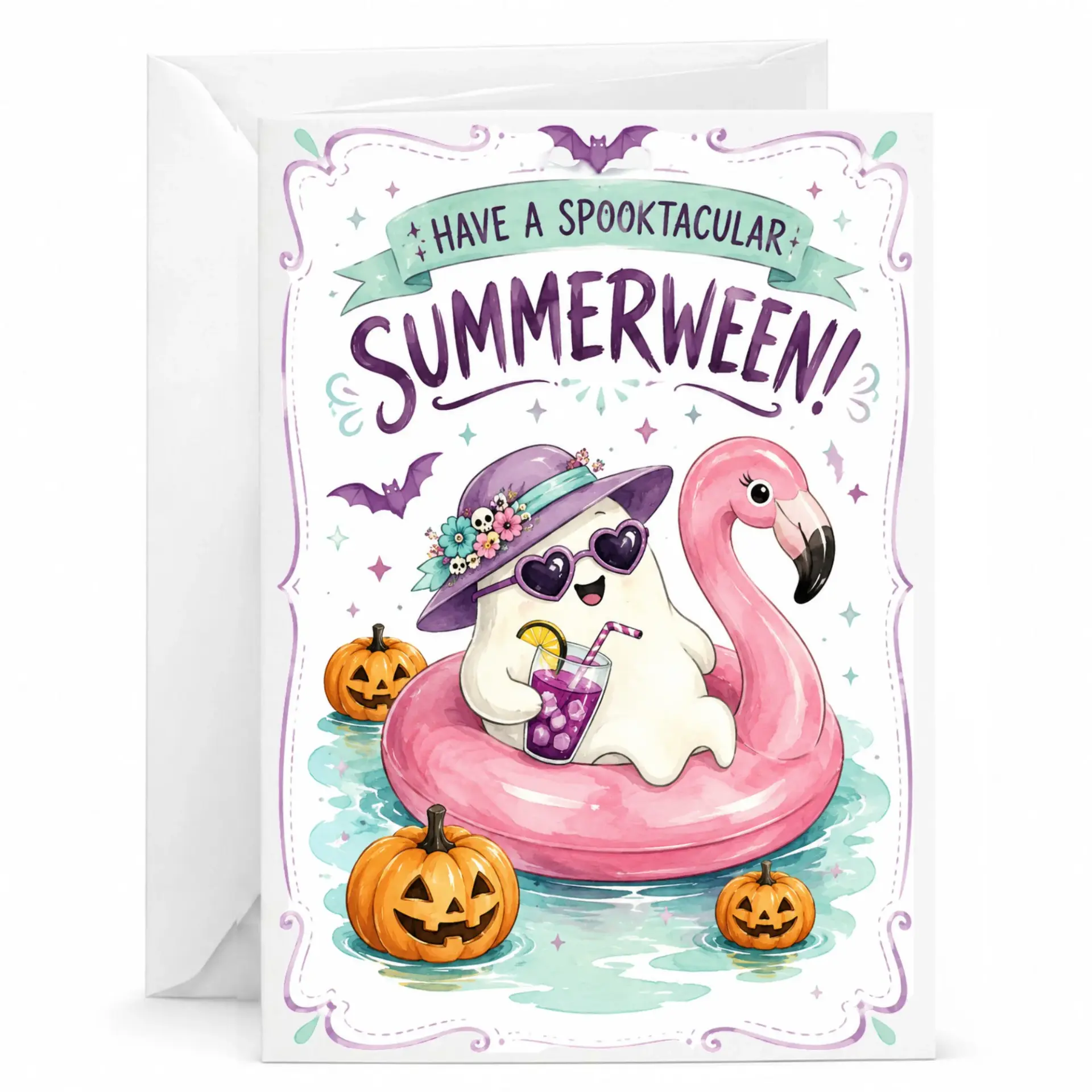 Funny Summerween Greeting Card Cute Floating on Flamingo Pool Halloween Seasonal Note with Envelope