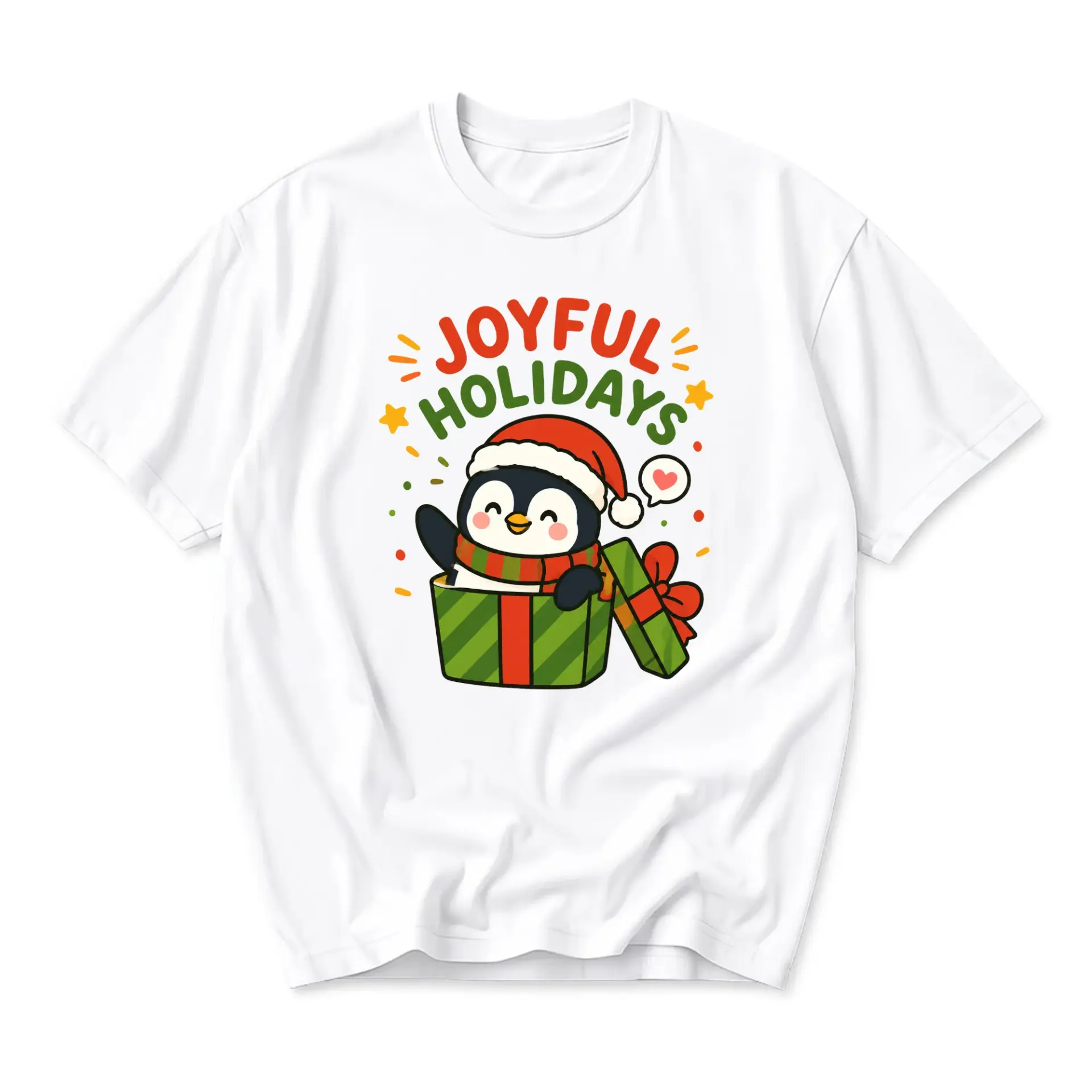 Graphic Tee Joyful Holidays Cute Penguin Christmas Gift Unisex Crew Neck Short Sleeve Shirt for Casual Winter Wear