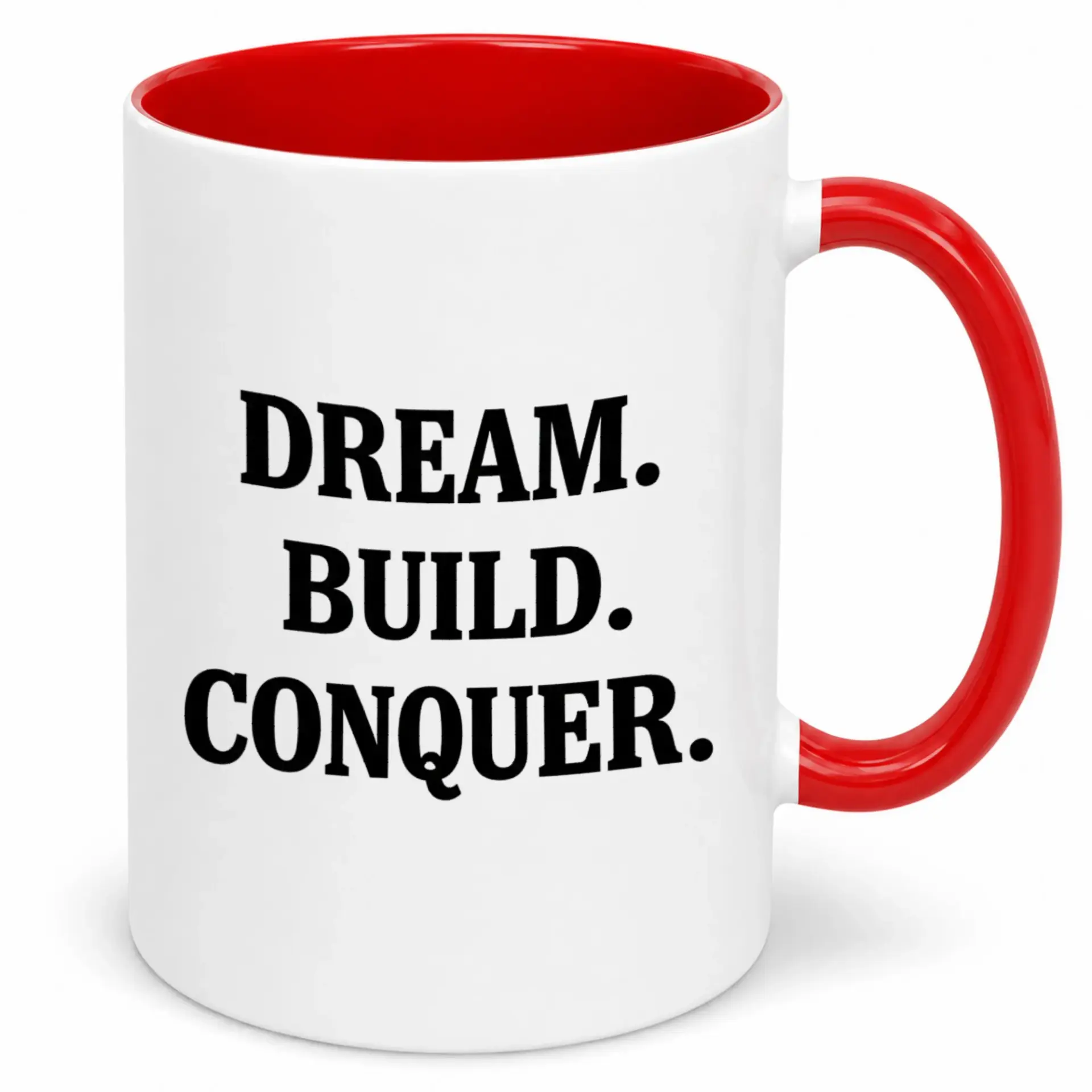 Motivational Ceramic Coffee Mug with Inspirational Dream Build Conquer Message Two-Tone Design Red Handle & Interior 11oz or 15oz Drinkware