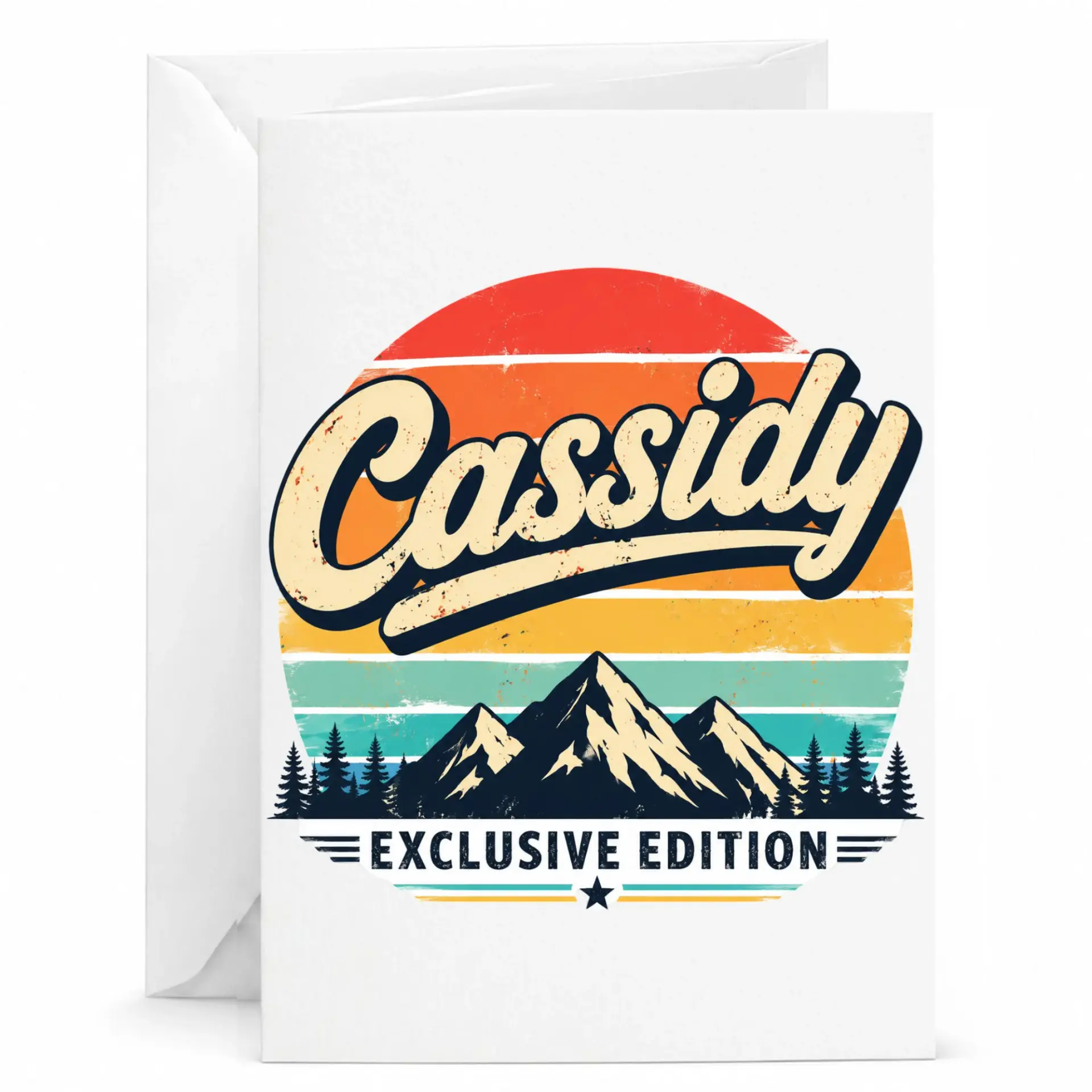 Greeting Card for Cassidy Featuring Retro Sunset Mountain Adventure Design Personalized Name Novelty Stationery