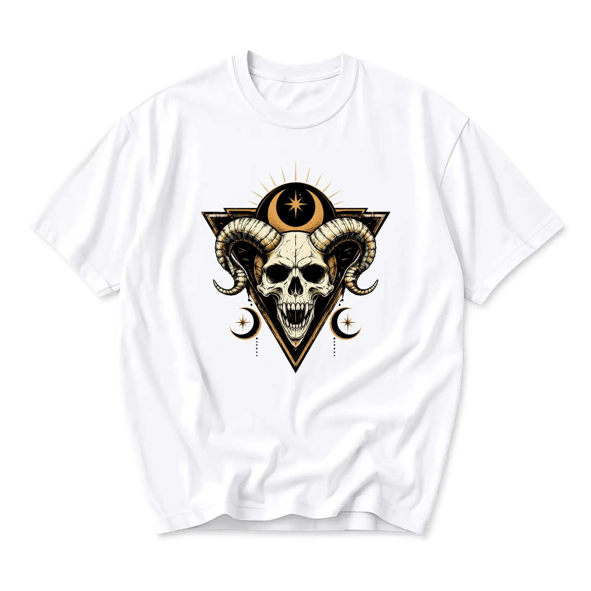 Graphic Tee Unisex Crew Neck T-Shirt Featuring Celestial Ram Skull Geometric Illustration Casual Cotton Top