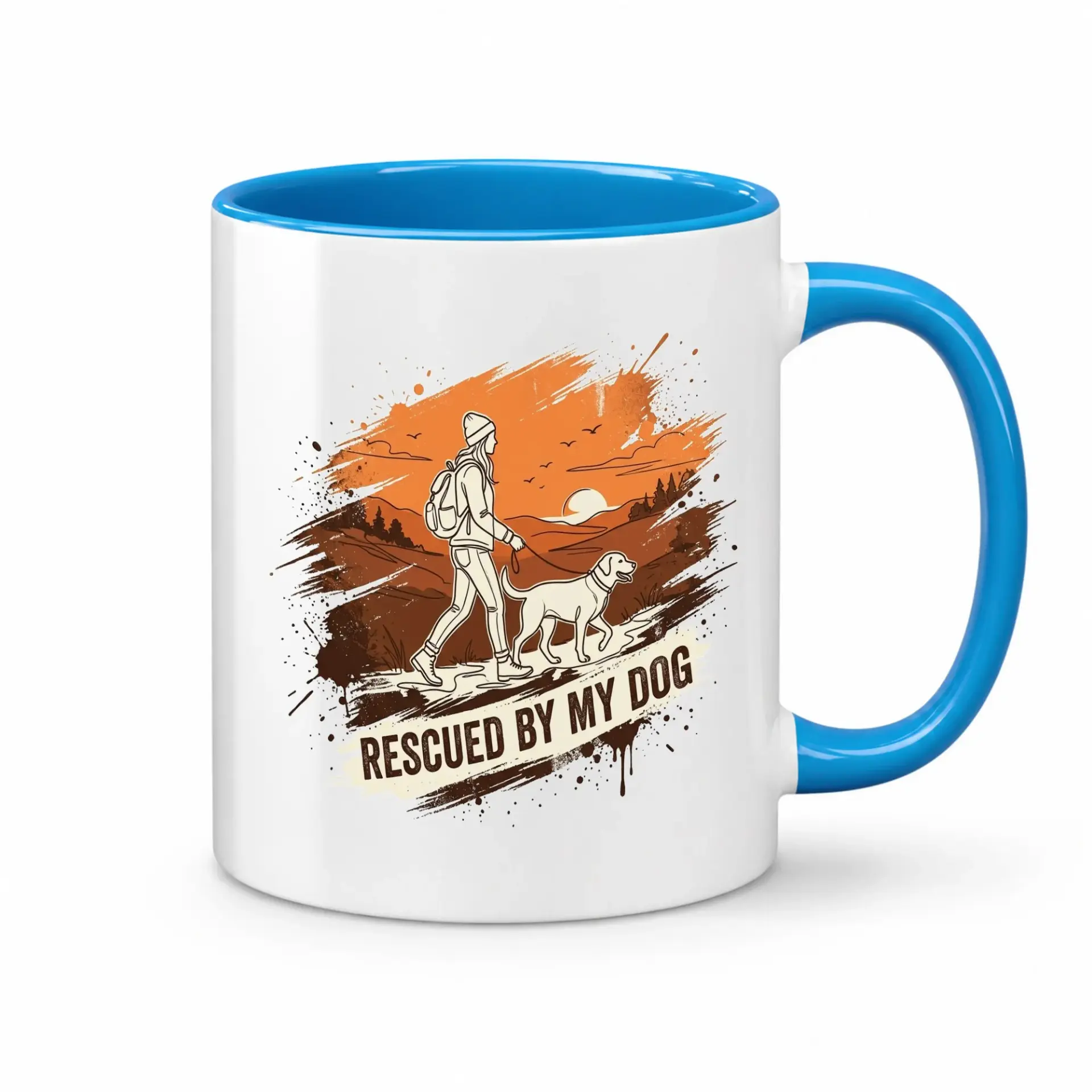Dog Lover Ceramic Coffee Mug Featuring a Hiking Woman and Her Canine with a Rescued by My Graphic Design