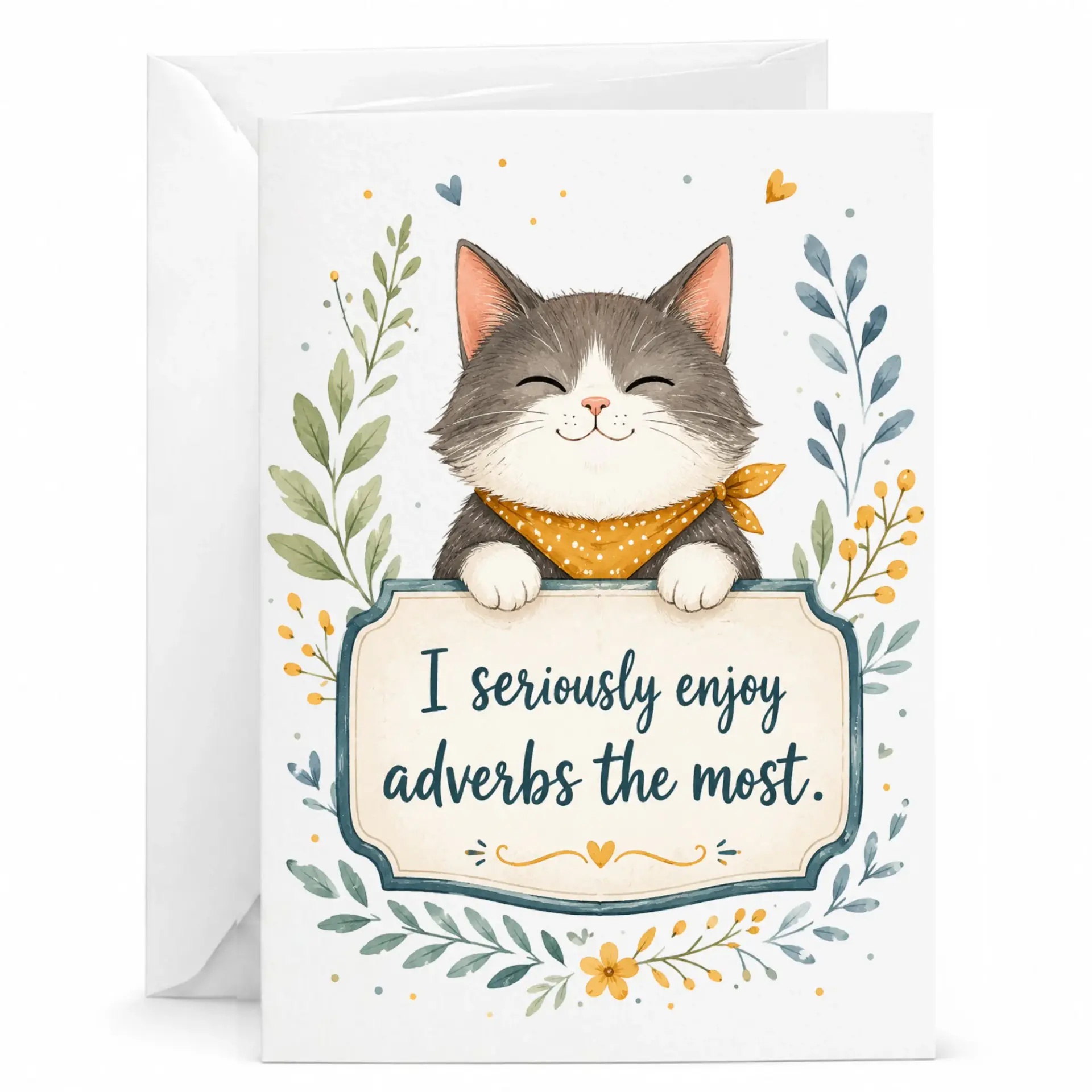 Funny Cat Greeting Card with Adverbs Pun Illustration Heavyweight Stationery for Any Occasion 5x7 Inches Folded