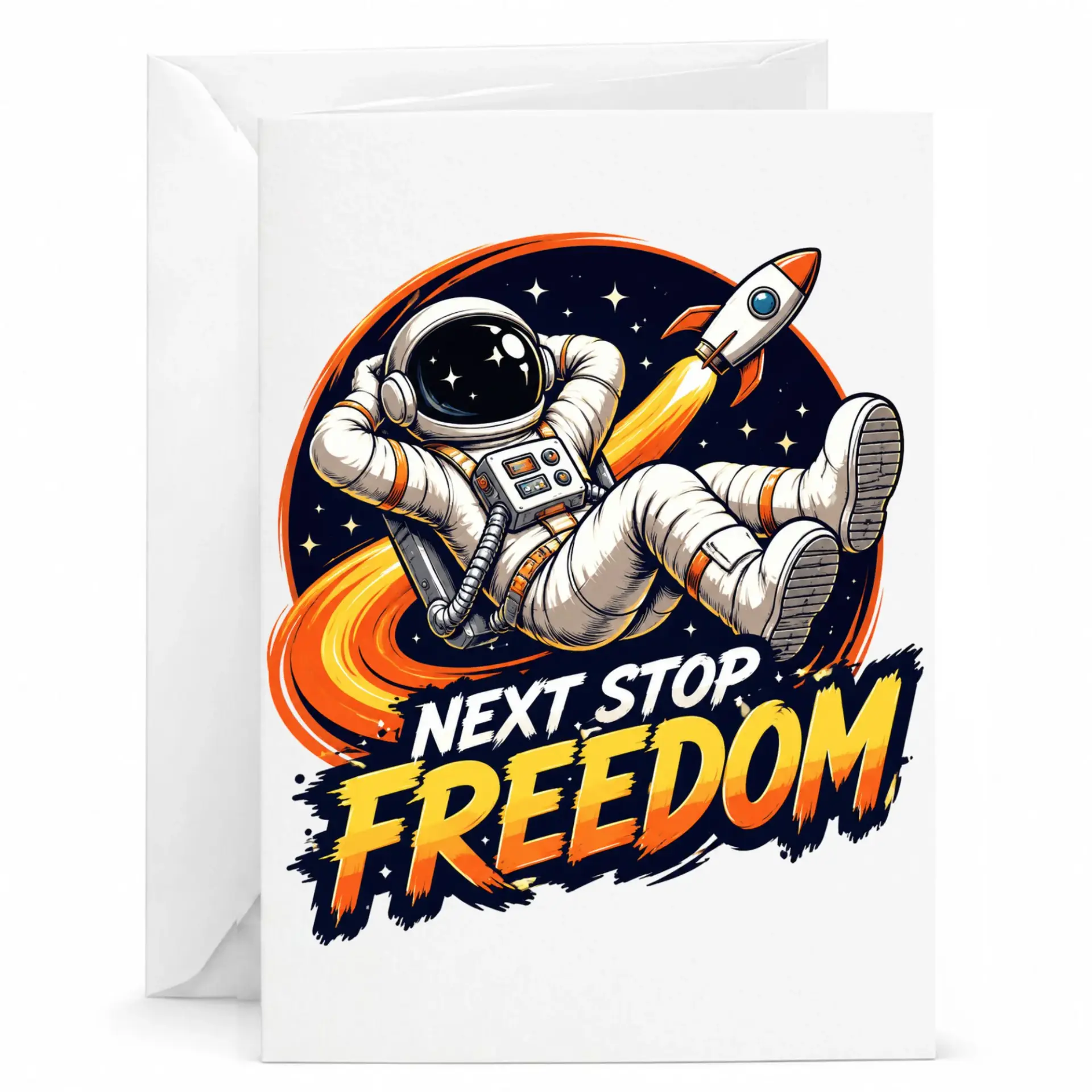Greeting Card Next Stop Freedom Astronaut Illustration Fun Space Design for Personal Messages and Special Occasion Greetings