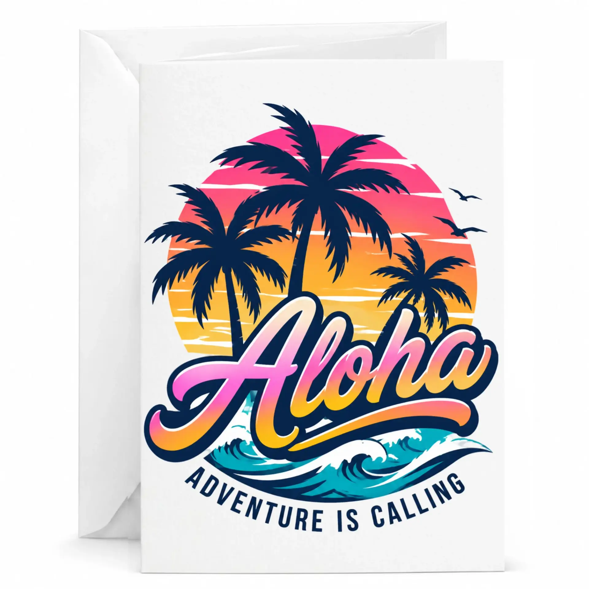 Tropical Aloha Adventure Is Calling Greeting Card with Envelope, Vibrant Sunset Palm Tree Design for Any Occasion