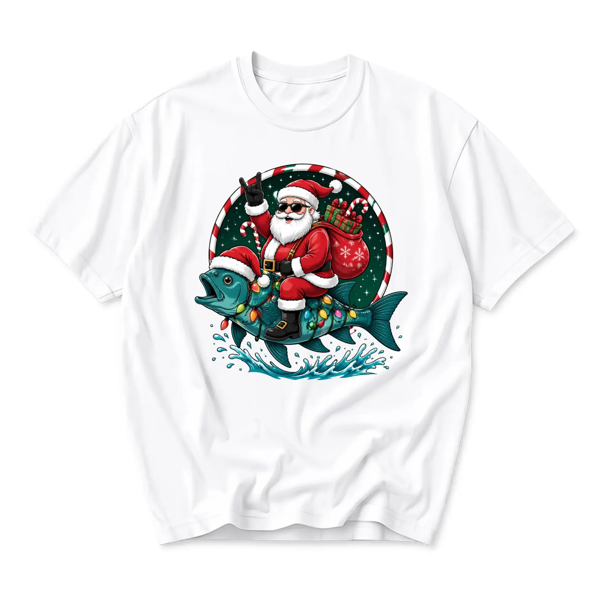 Funny Shirt Rocking Santa Claus Riding a Fishing Christmas Graphic Tee