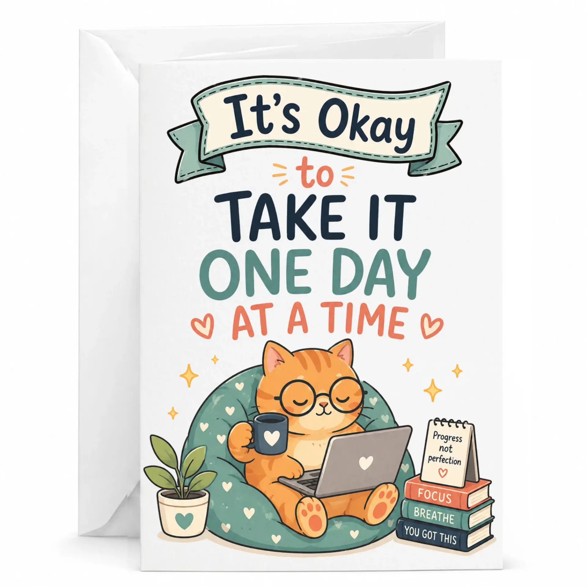 Funny Encouragement Greeting Card with Cute Cat Illustration Motivational Note for Friends and Loved Ones 5x7