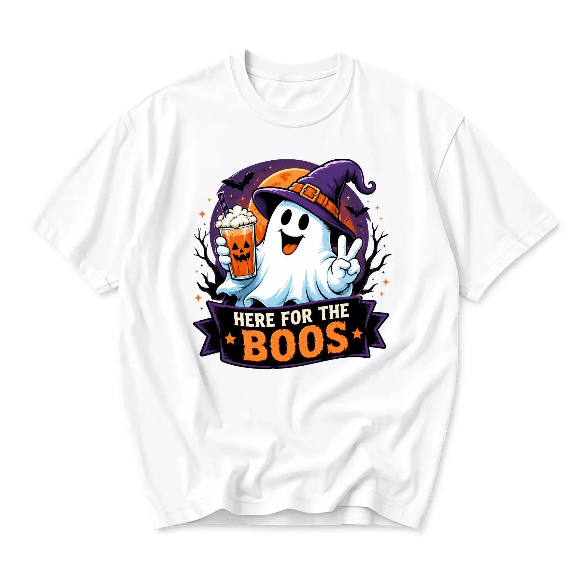 Funny Shirt Here for the Boos Ghost Graphic Tee Unisex Crew Neck Short Sleeve Casual Cotton Blend Halloween Top