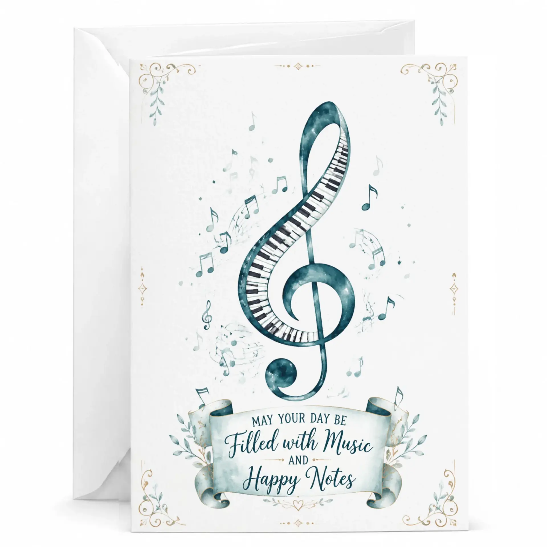 Greeting Card with Piano Treble Clef Illustration for Music Lovers with Elegant Watercolor Design and Happy Notes